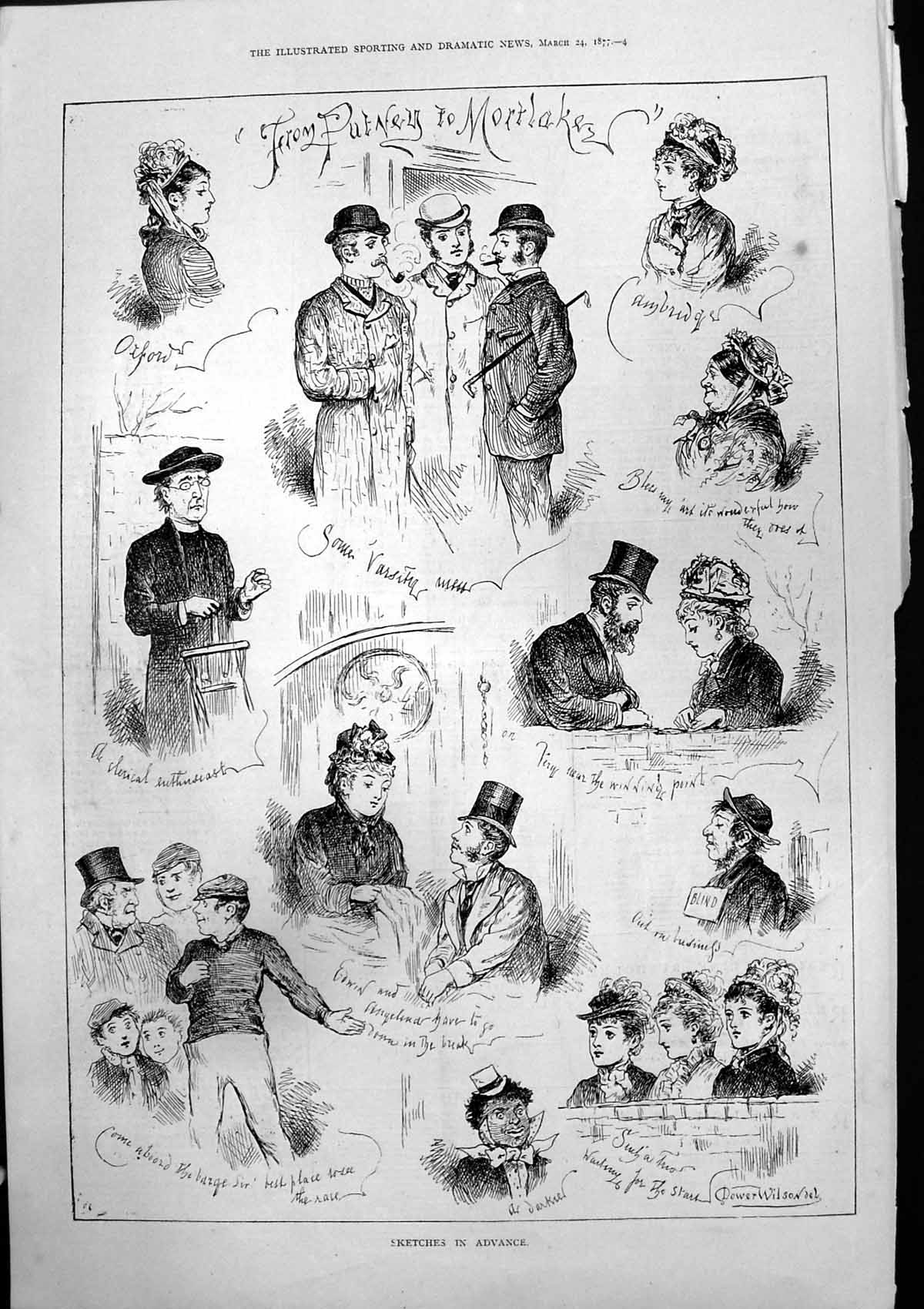 Old Sketches In Advance Putney Mortlake Varsity Men Dower Wilson 1877 Victorian