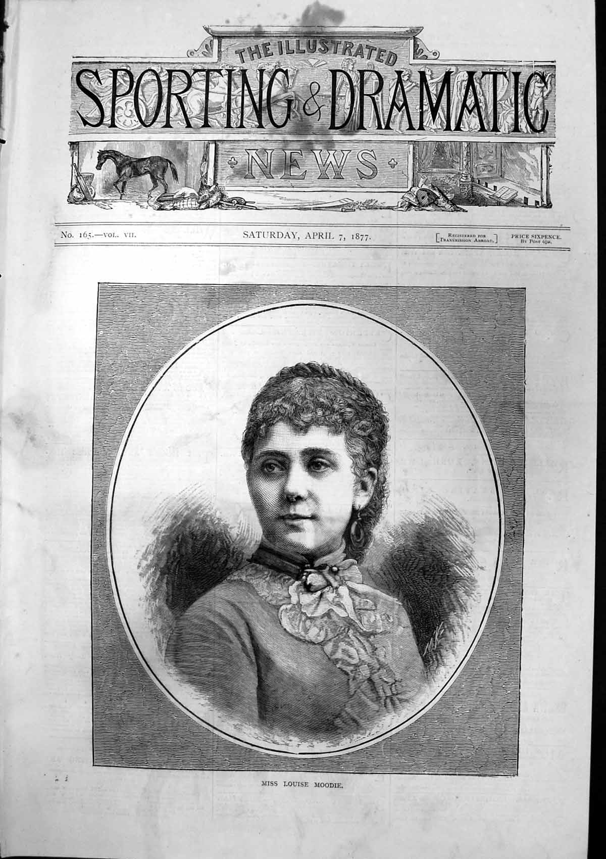 Original Old Antique Print Portrait Miss Louise Moodie 1877 19th
