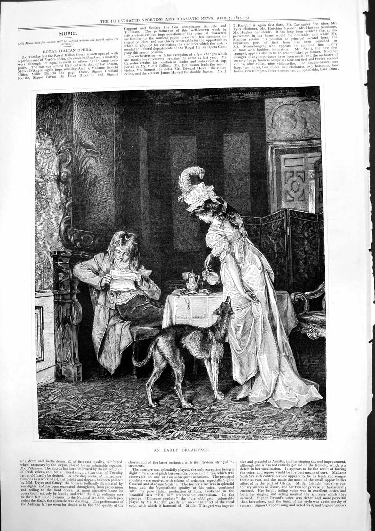 Antique Old Print An Early Breakfast Lady Serving Tea Man Reading Dog 1877 19th