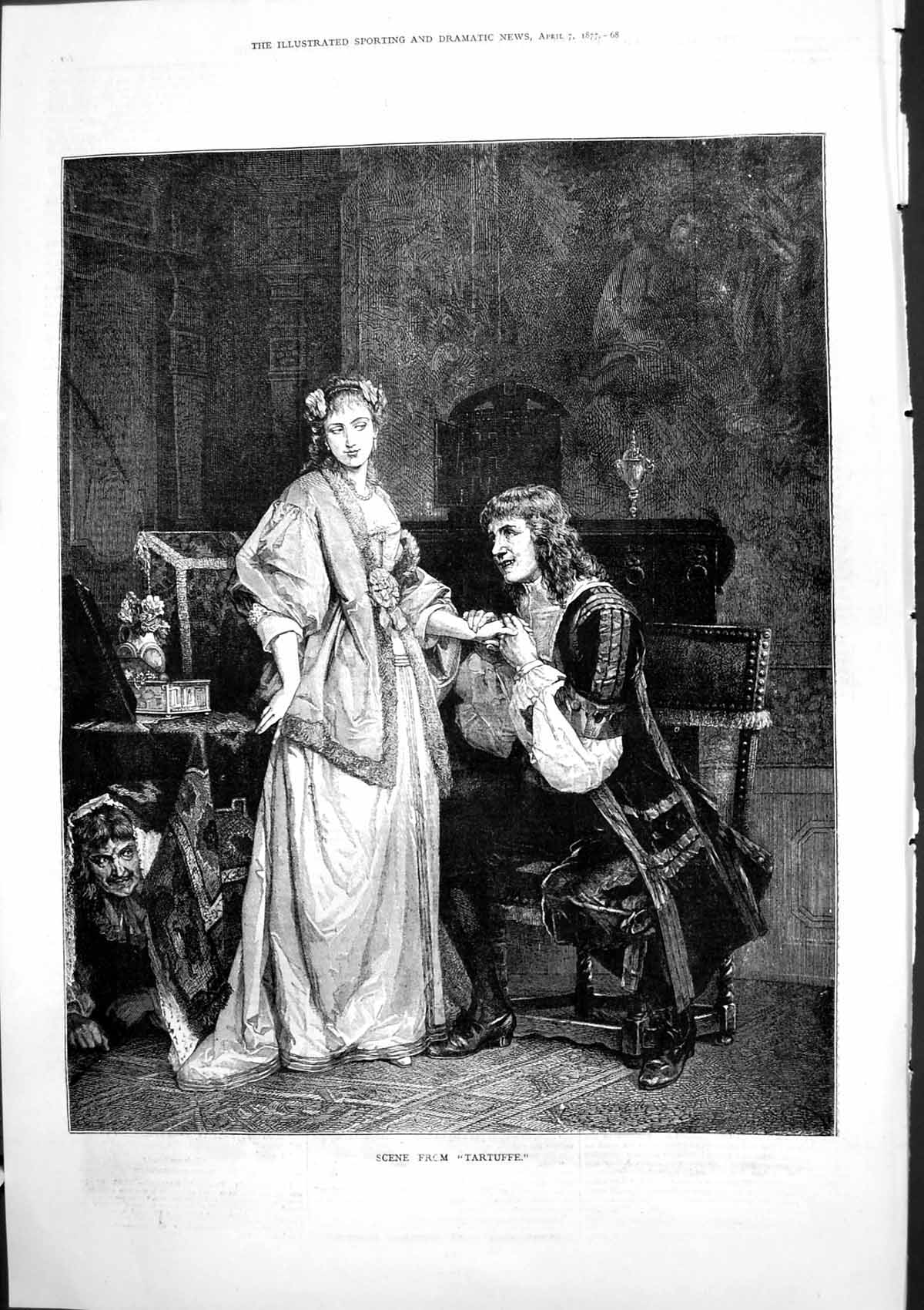 Old Print Scene Tartuffe Man Hing Ladys Hand Man Hiding Under Table 1877 19th