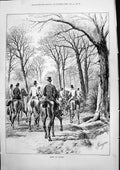 Original Old Antique Print Going To Covert J Sturgess Horses Riders Woods 1877