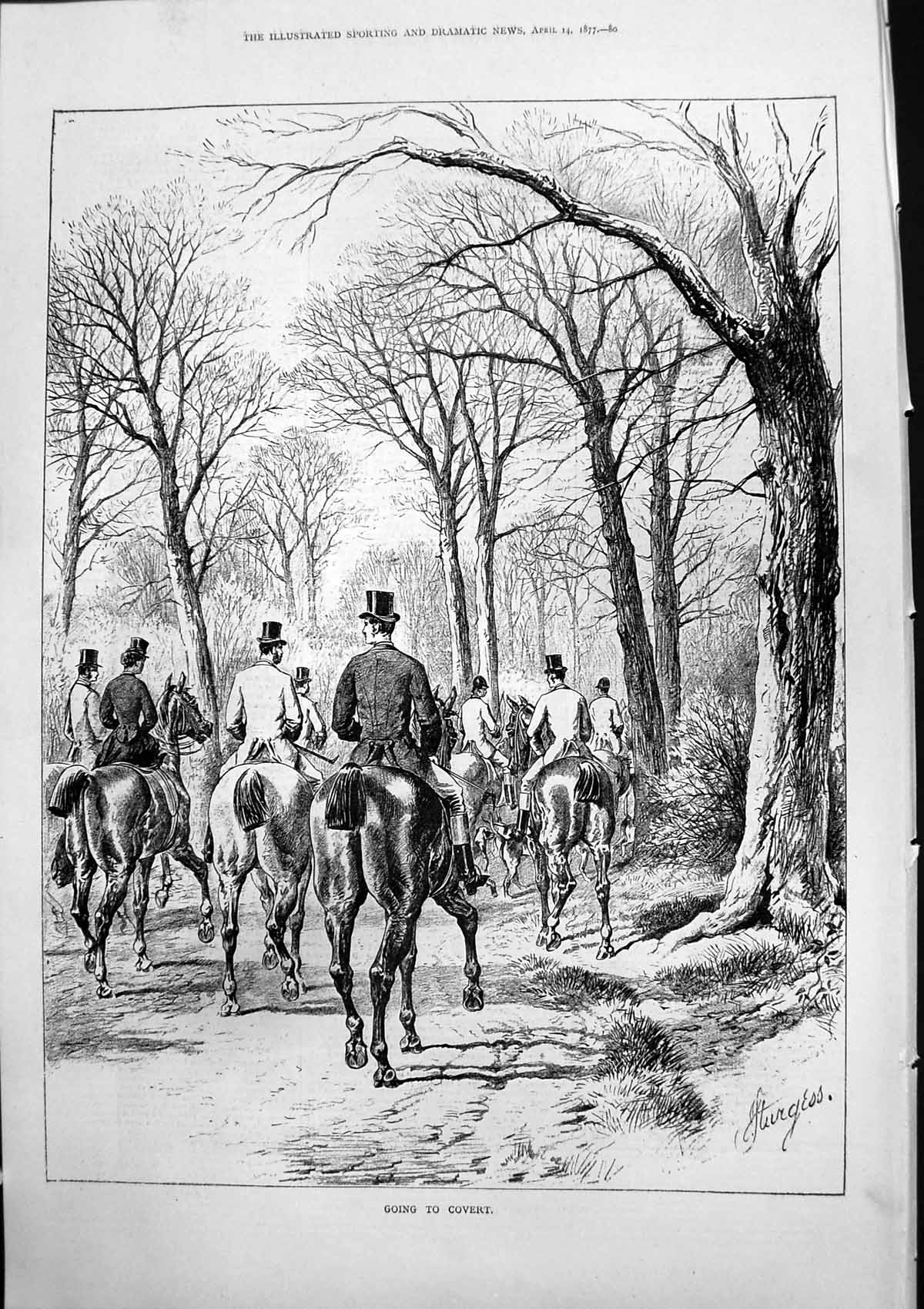 Original Old Antique Print Going To Covert J Sturgess Horses Riders Woods 1877