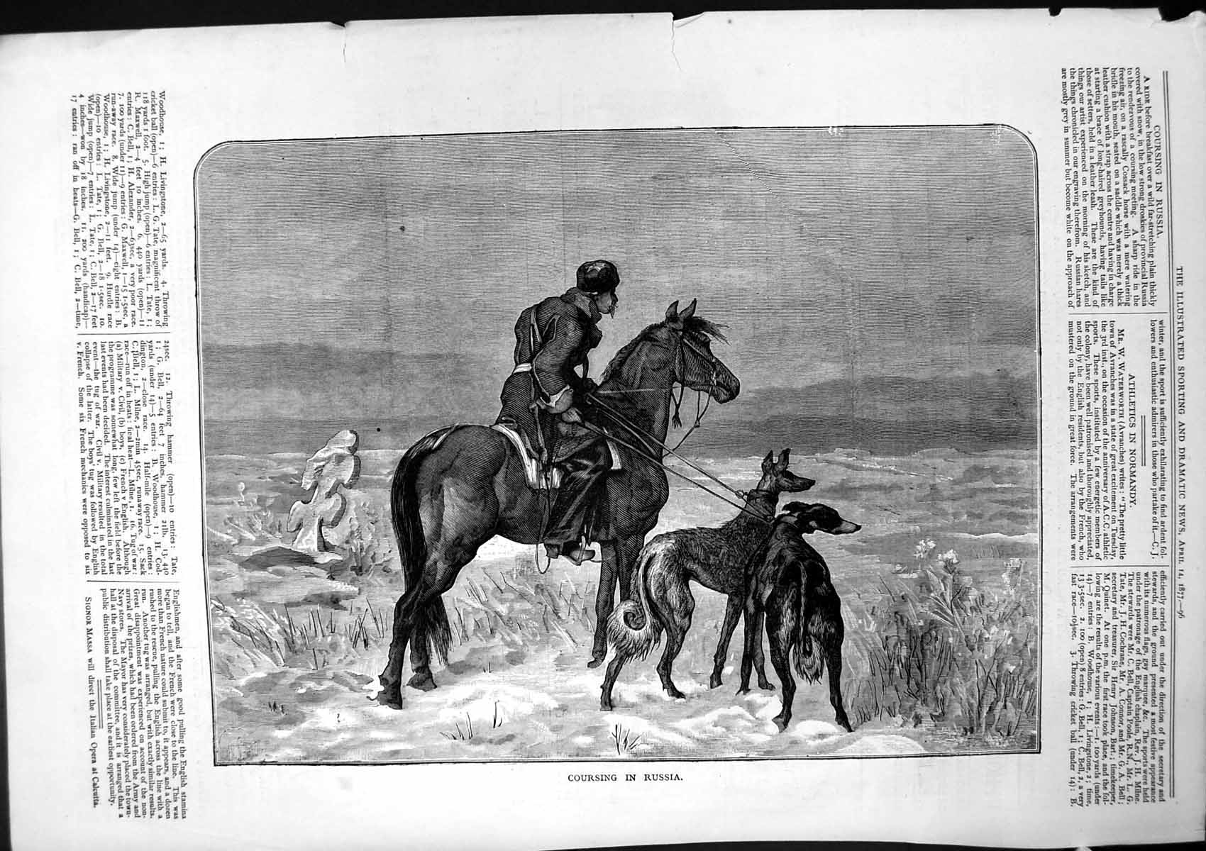 Original Old Antique Print Coursing Russia Hunter Horseback Two Dogs 1877 19th