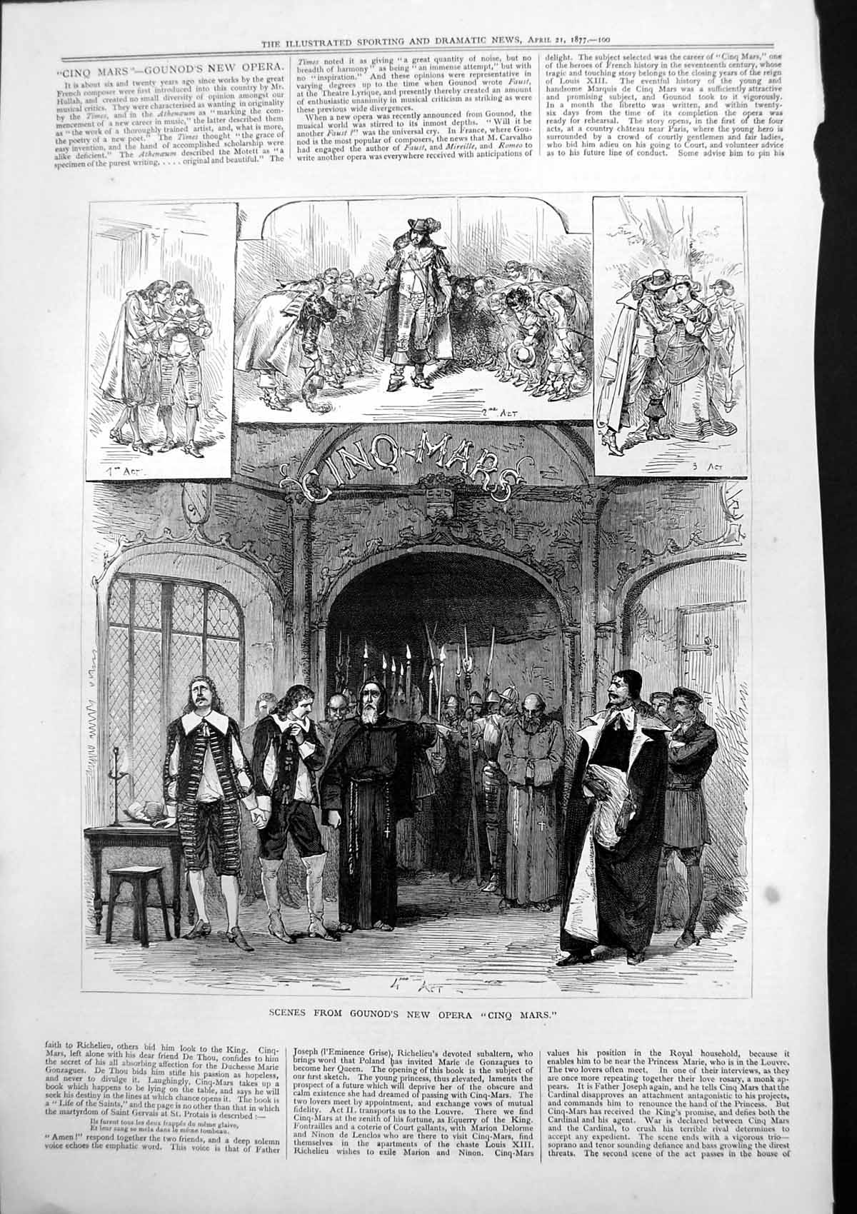 Antique Old Print Scenes Gouods New Opera Cinq Mars Church Men Spears 1877 19th