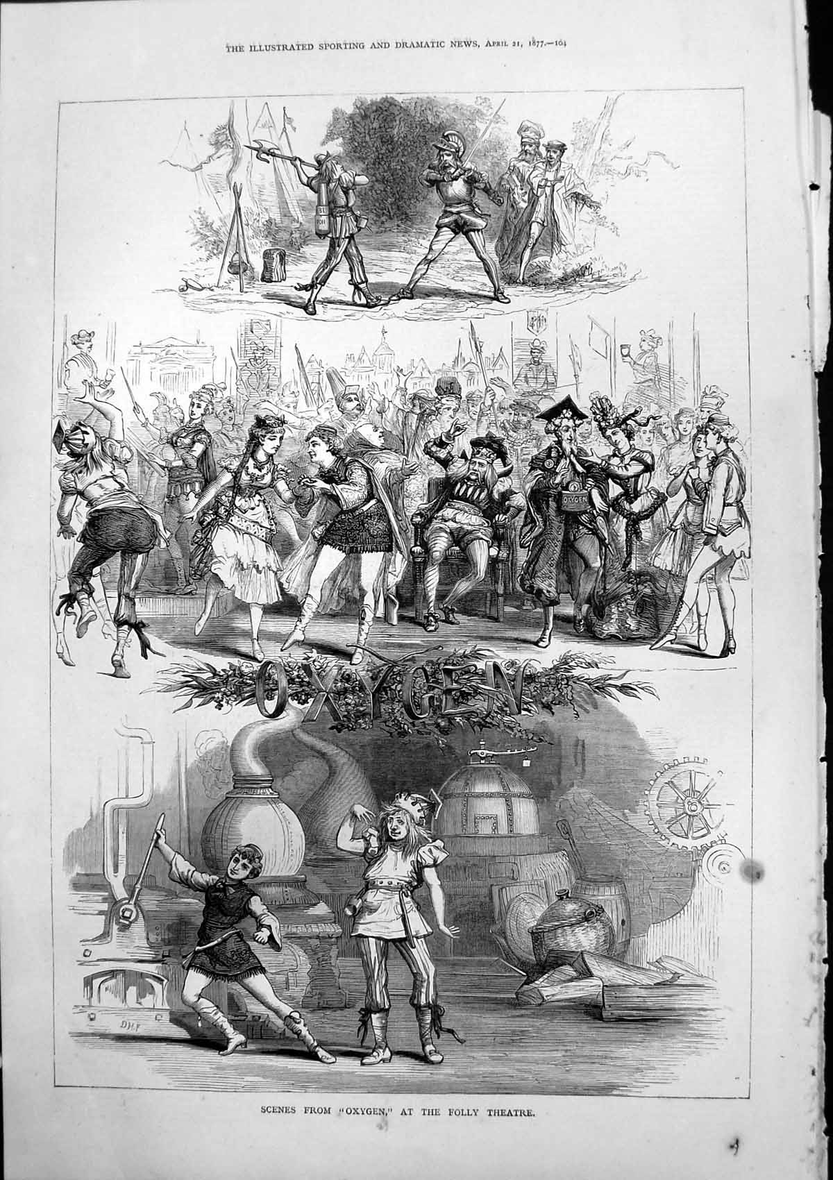 Original Old Antique Print Scenes Oxygen Folly Theatre Dancing Tanks 1877 19th