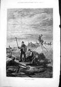 Antique Print Dutch Salmon Fishing Fishermen Small Boats Mending Nets 1877 19th