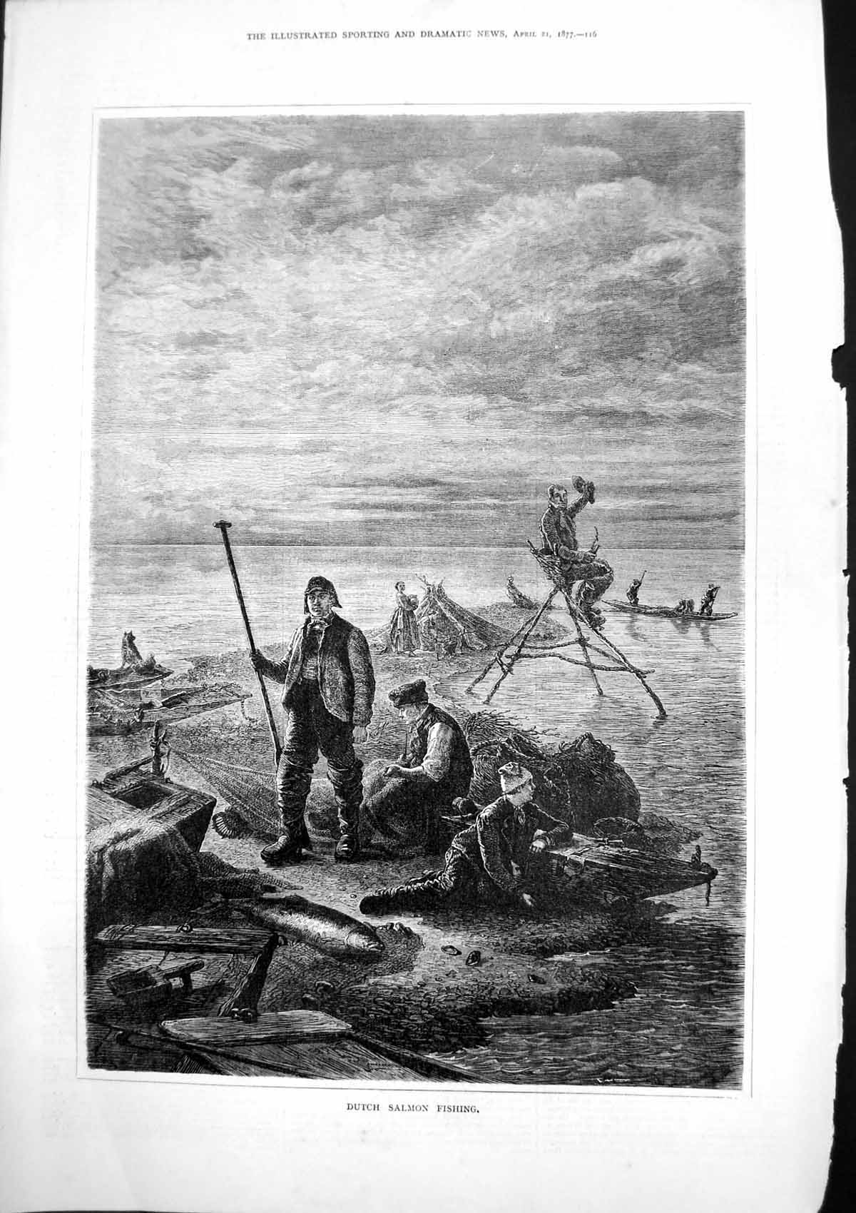 Antique Print Dutch Salmon Fishing Fishermen Small Boats Mending Nets 1877 19th