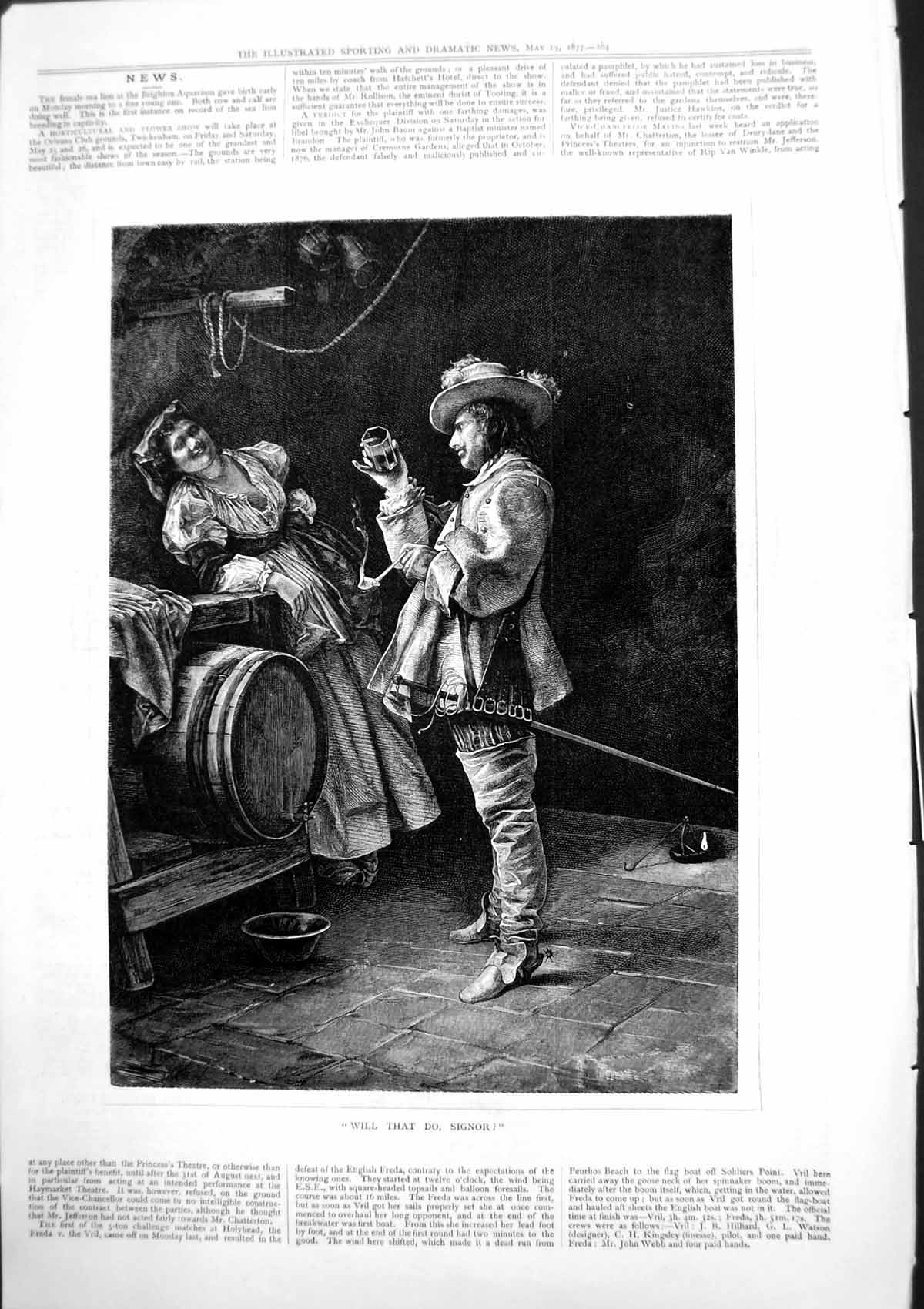 Antique Old Print Wiil That Di Signor? Woman Man Inspecting Glass Barrel 1877
