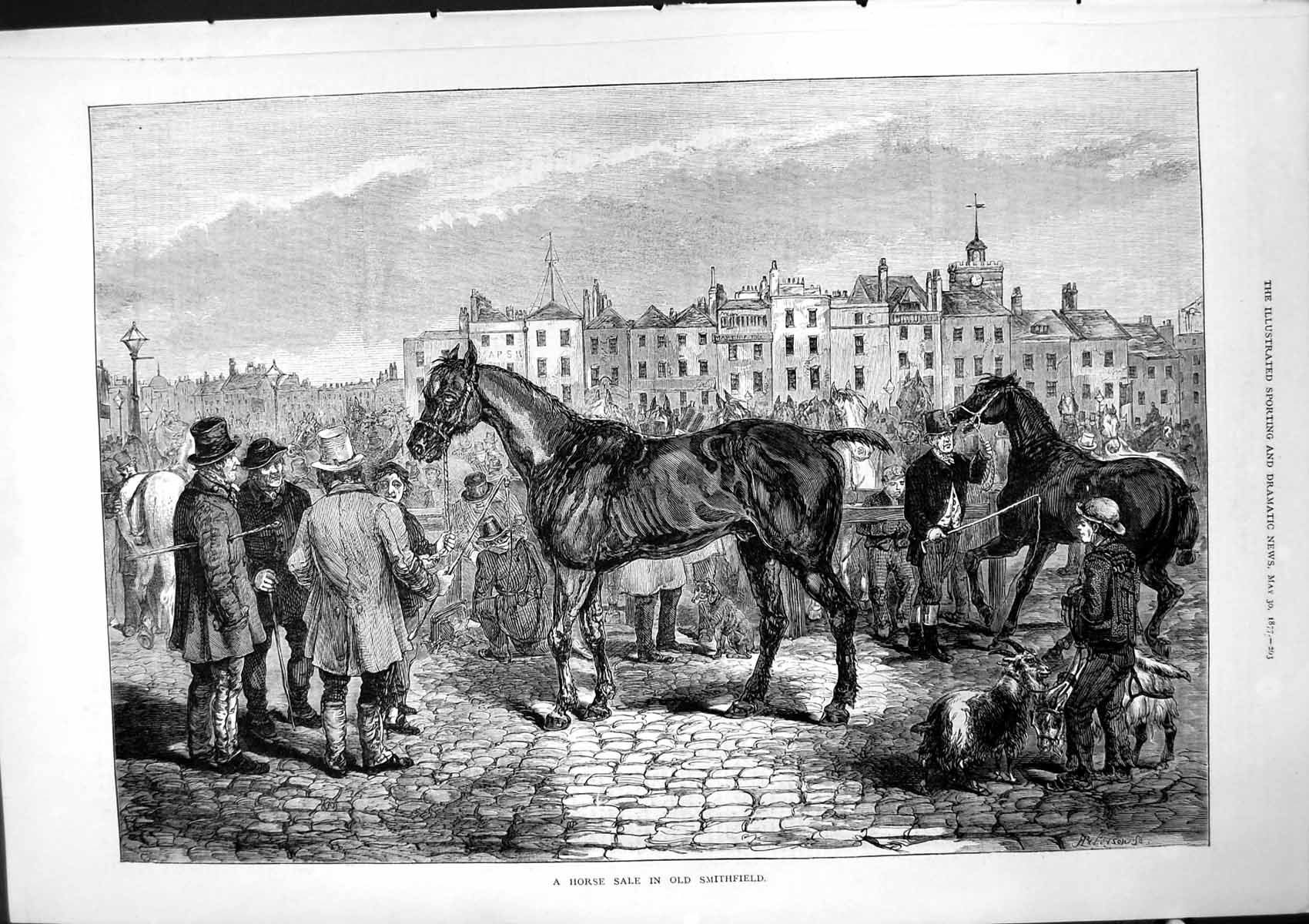 Original Old Antique Print Horse Sale Smithfield Horses Cobbles Buyers 1877