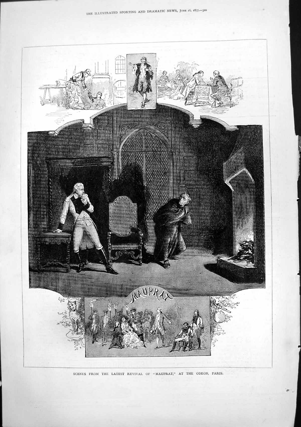Original Old Antique Print Scenes Latest Revival Mauprat Odeon Paris 1877 19th