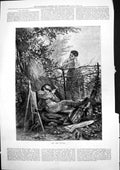Original Old Antique Print Art Nature Woman Leaning Fence Watching Artist 1877