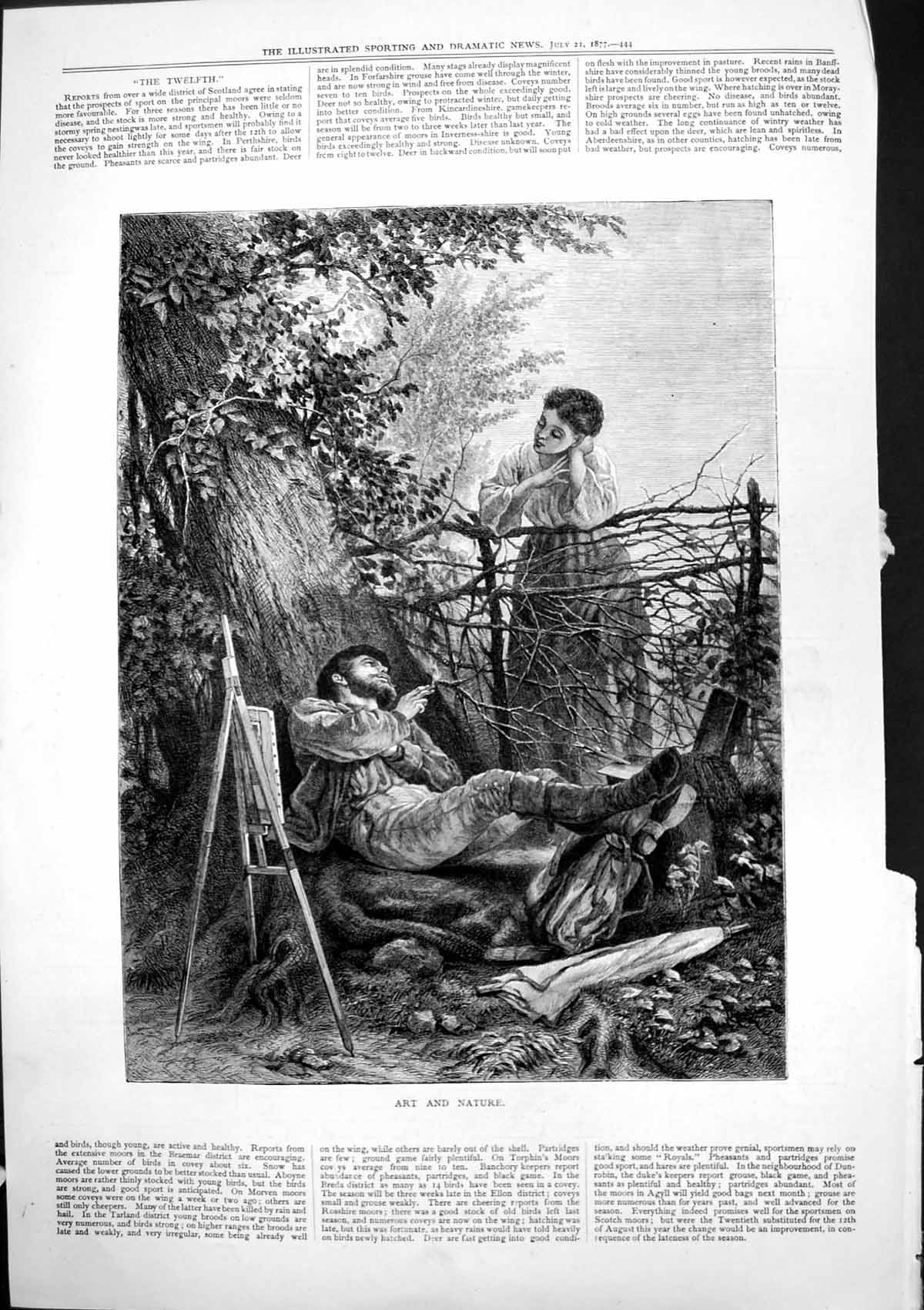 Original Old Antique Print Art Nature Woman Leaning Fence Watching Artist 1877