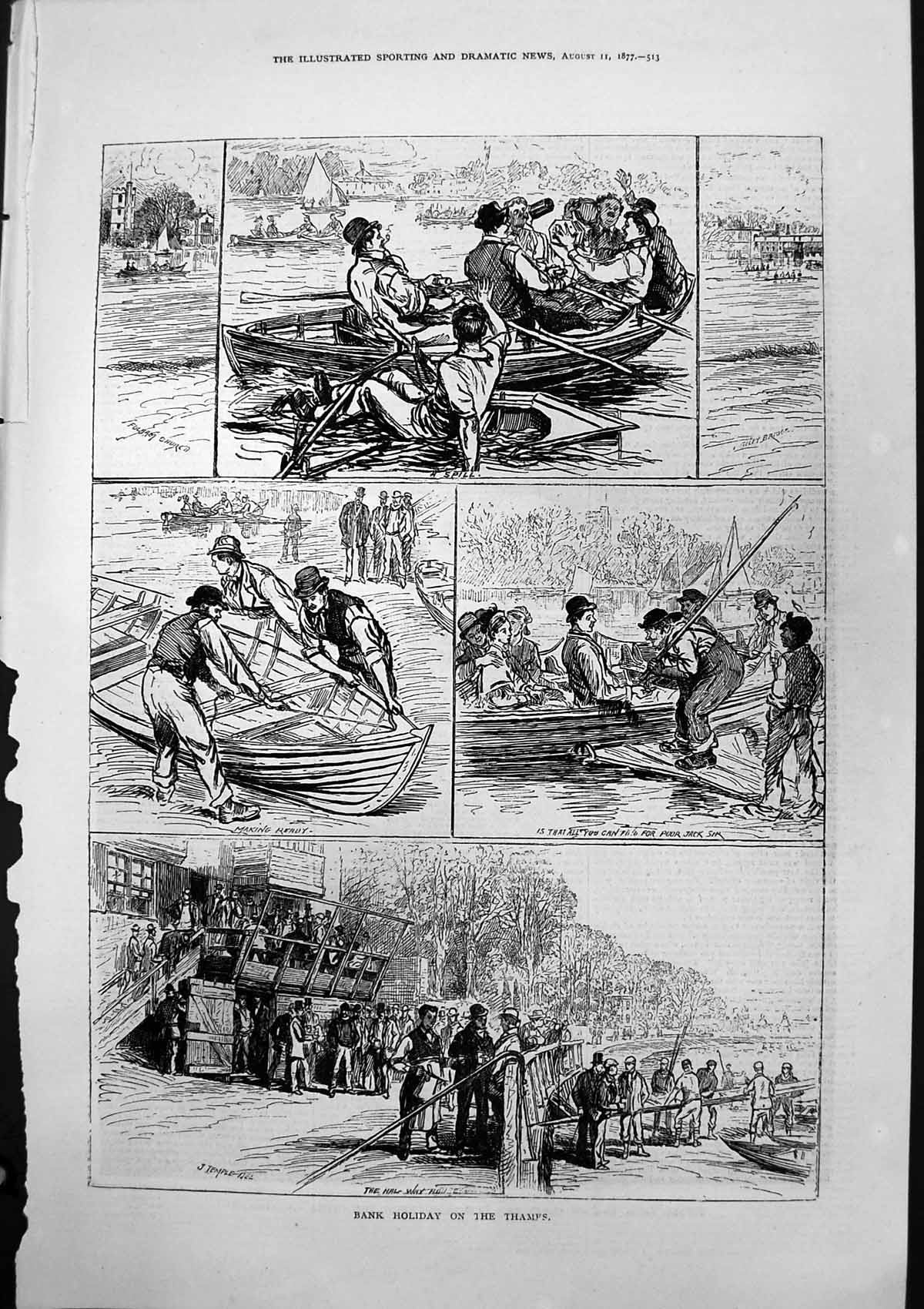 Old Bank Holiday Thames J Temple Fulham Church Making Boat Ready 1877 Victorian