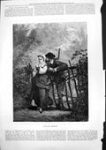 Old Antique Print Pleasant Shooting Hunter Reaching Kiss Young Woman 1877 19th