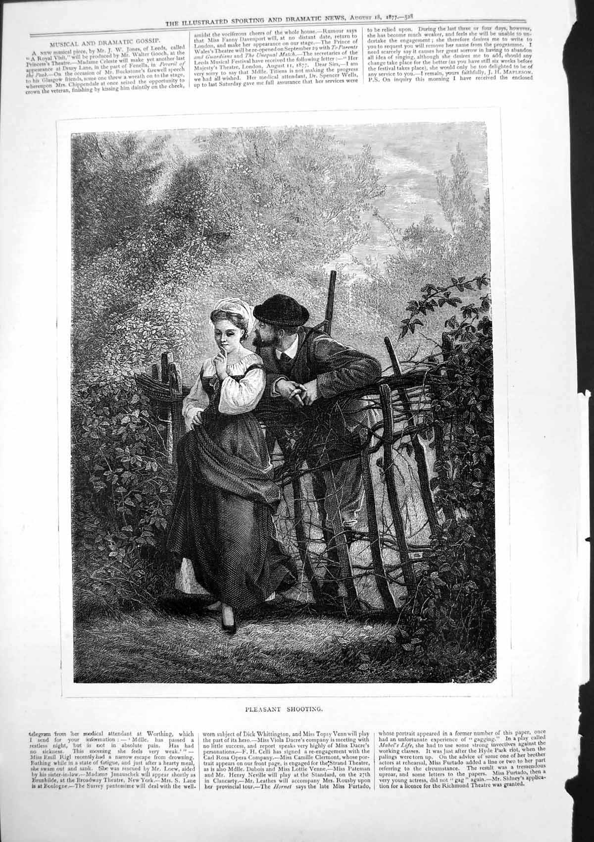 Old Antique Print Pleasant Shooting Hunter Reaching Kiss Young Woman 1877 19th