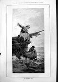 Original Old Antique Print Fishermans Wife Woman Attaching Rope Small Boat 1877