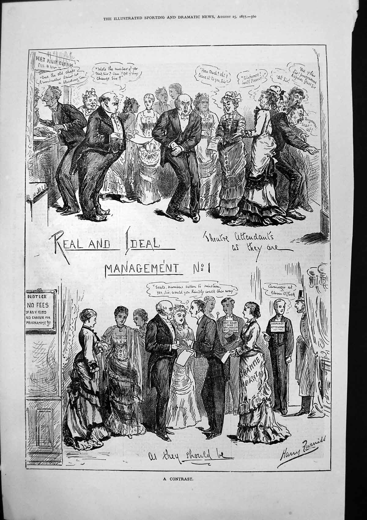 Antique Old Print Contrast Real Ideal Management Theatre Attendants Now 1877