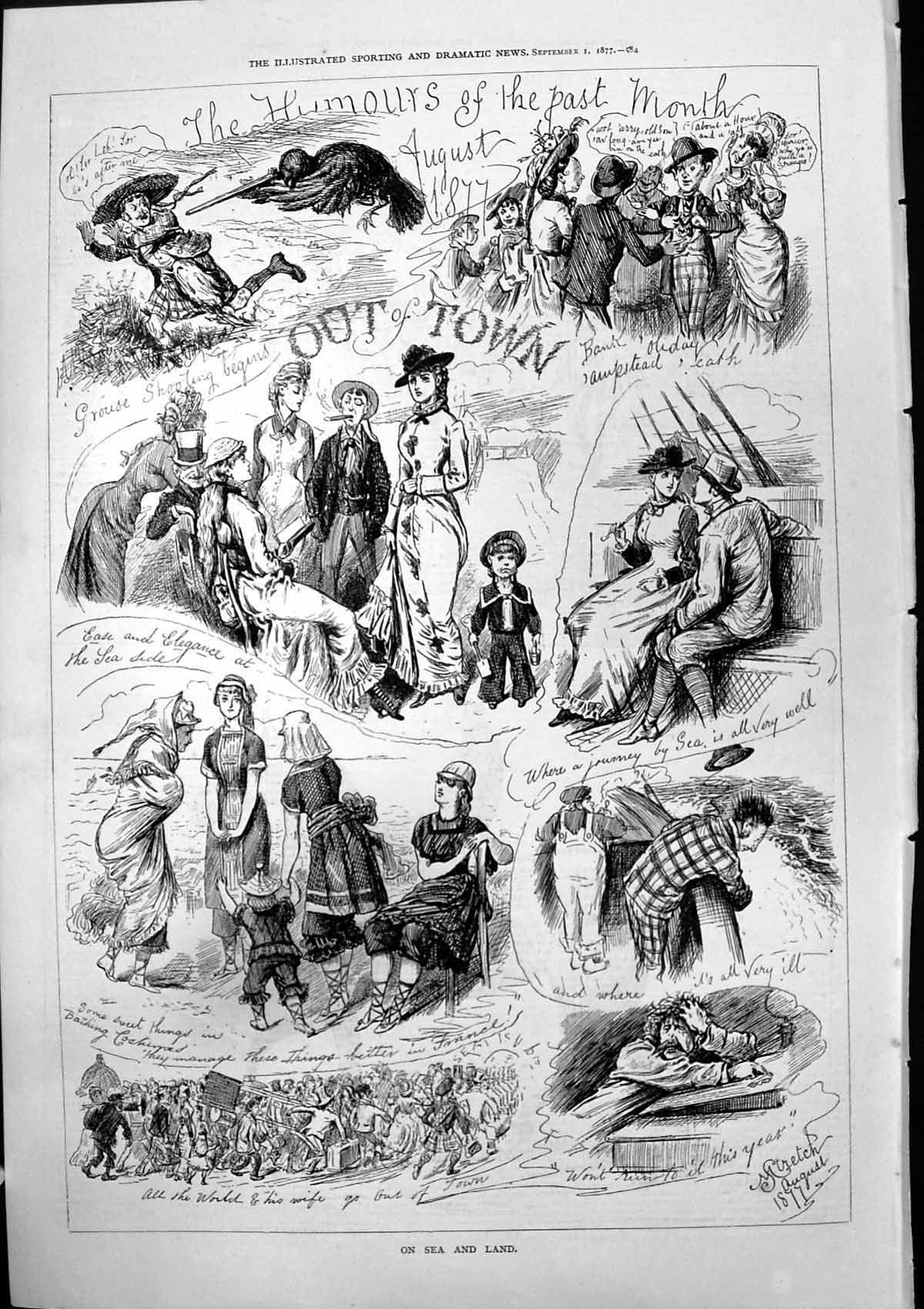 Antique Print On Sea Land Humours Last Month August Out Town M Stretch 1877