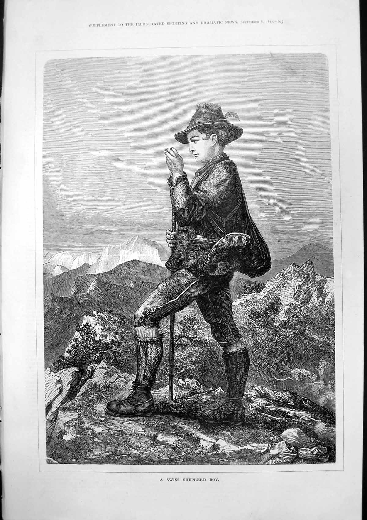 Original Old Antique Print Swiss Shepherd Boy Mountains Horn 1877 Victorian