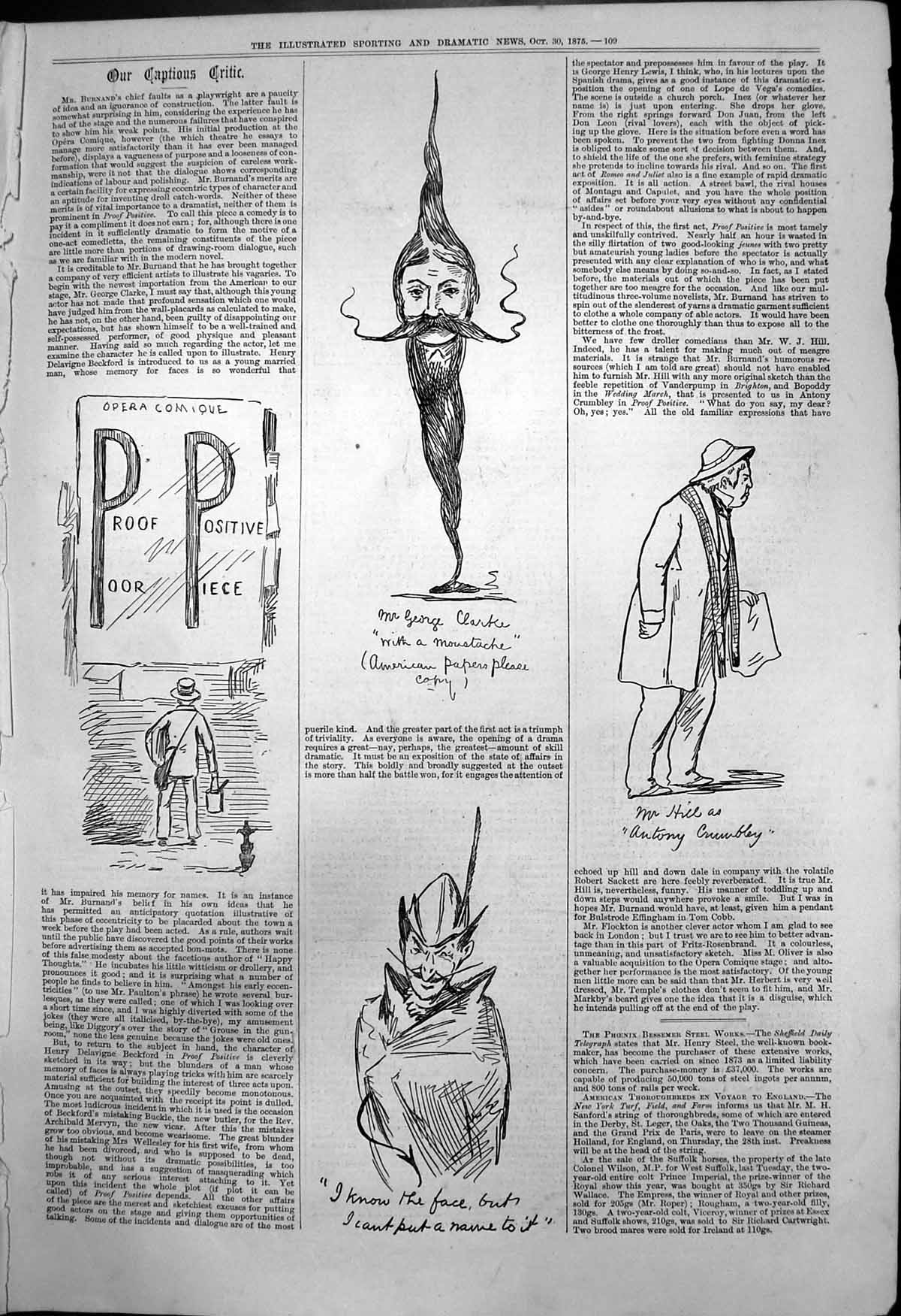 Antique Old Print Captious Critic Opera Comique ProPositive Poor Piece 1875