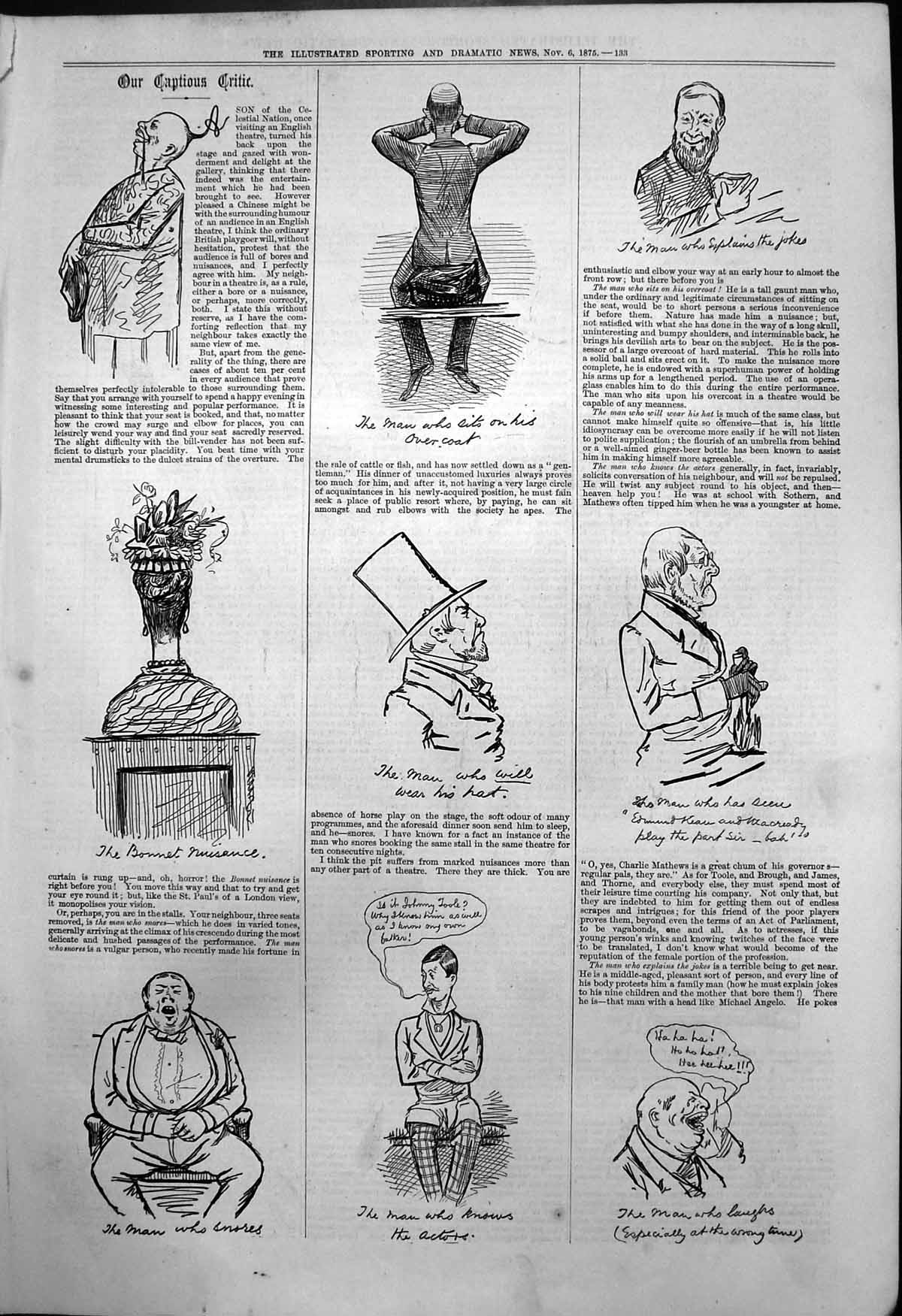 Antique Old Print Captious Critic Bonnet Nuisance Man Who Snores Laughs 1875
