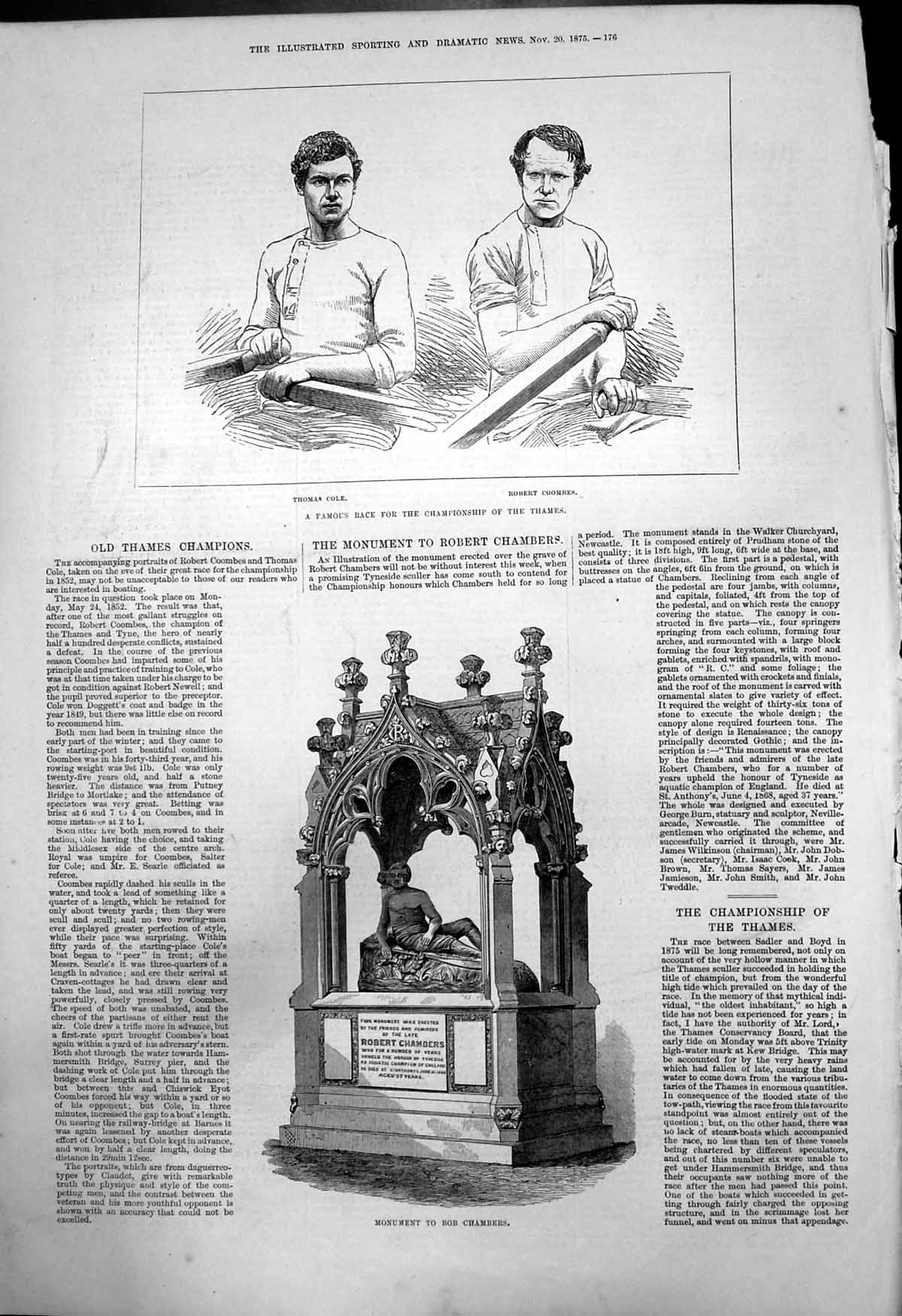 Old Print Monument Robert Chambers Race Champion Thames Cole Coombes1875 19th