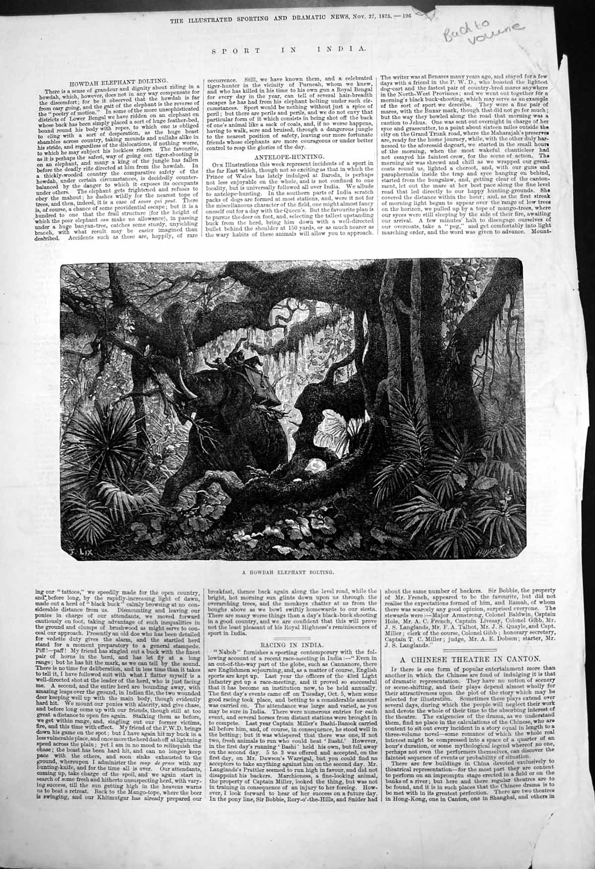 Original Old Antique Print Sport India Howdah Elephant Bolting 1875 Victorian