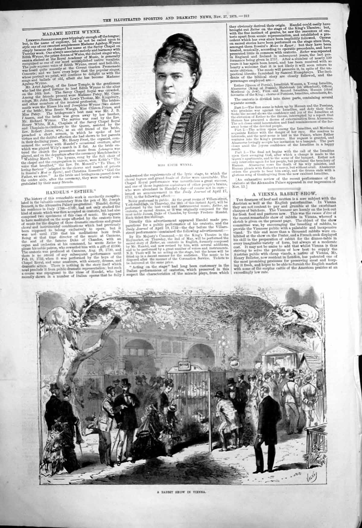 Original Old Antique Print Madame Edith Wynne Rabbit Show Vienna 1875 Victorian