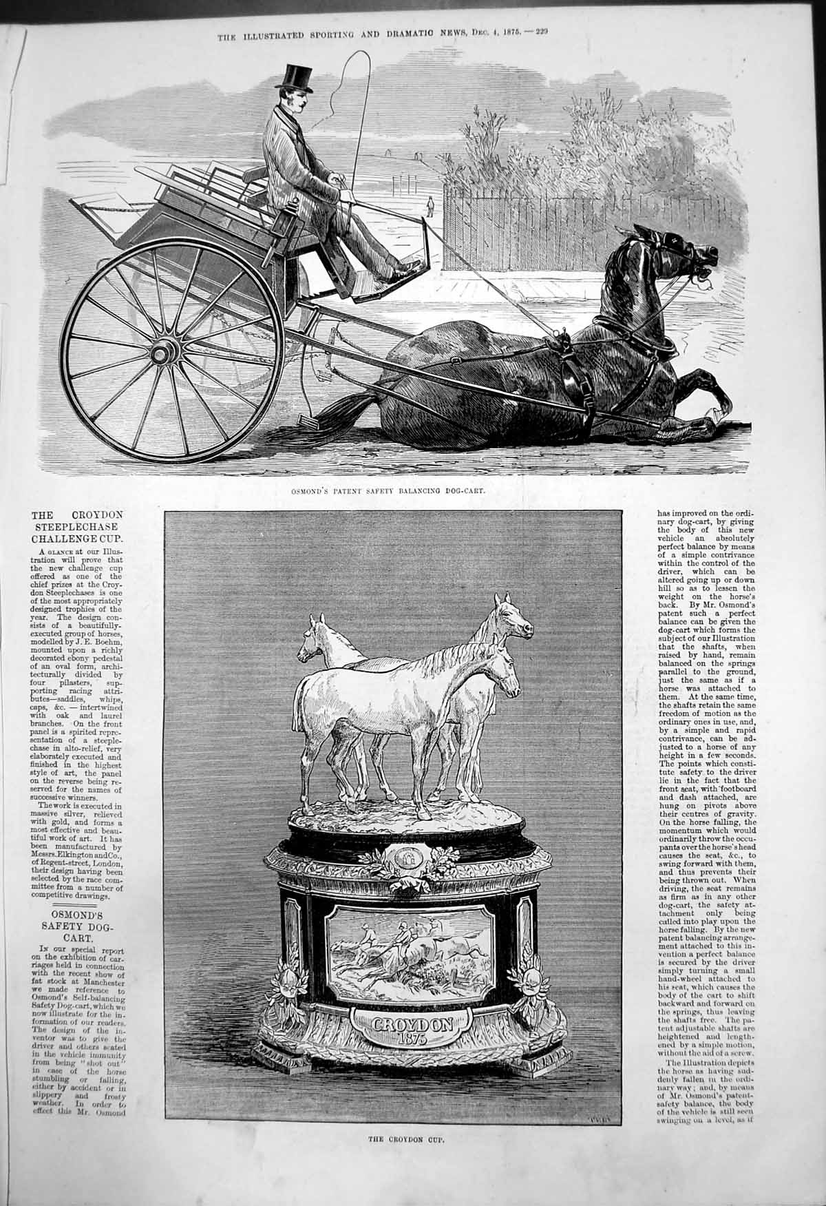 Old Osmonds Patent Safety Balancing Dog Cart Croydon Cup Horses 1875 Victorian
