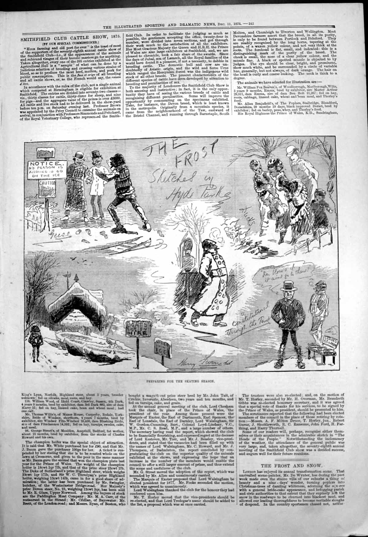 Antique Print Preparing For Skating Season Frost Hyde Park Caution Ice 1875