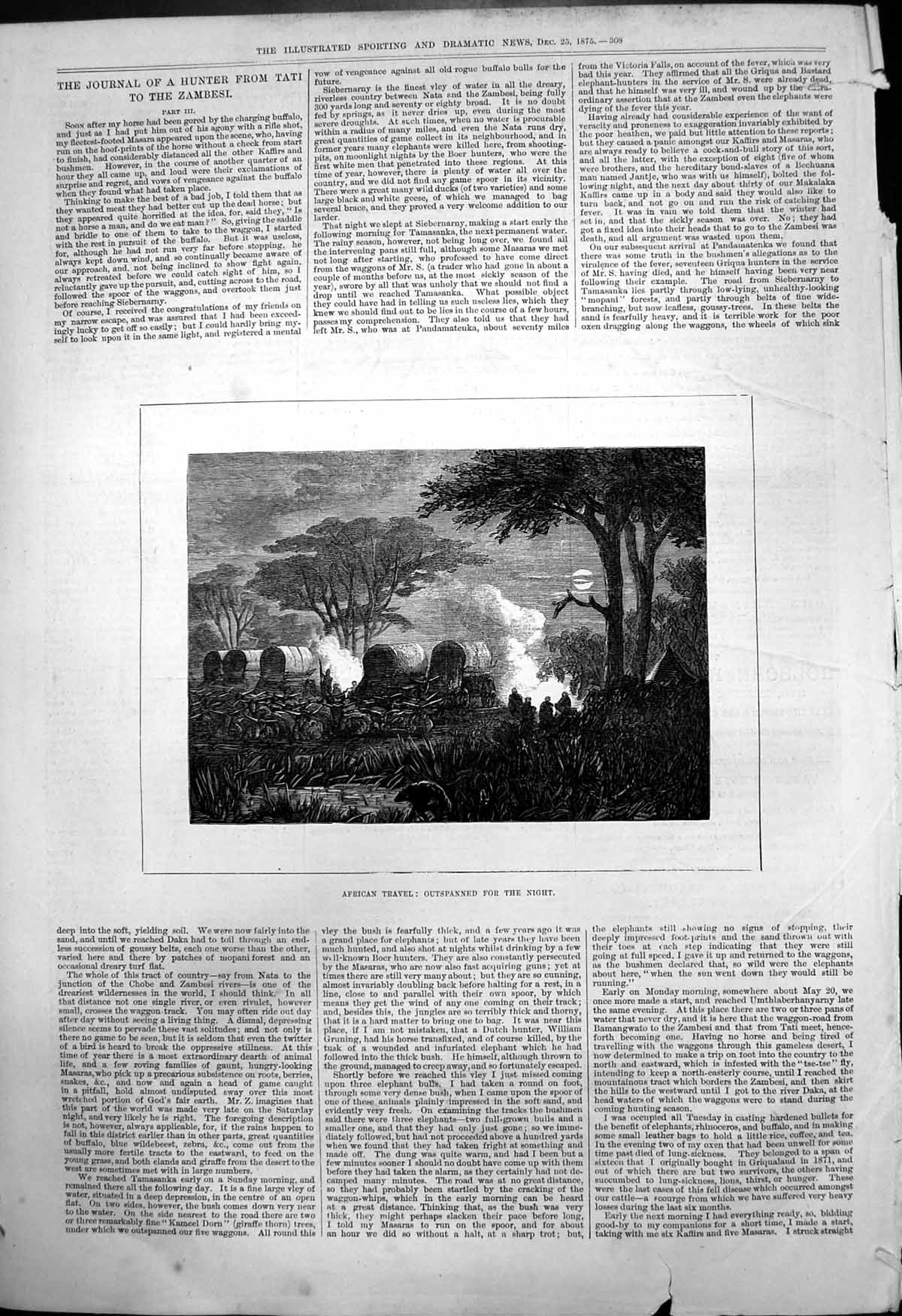 Original Old Antique Print African Travel Outspanned For The Night Waggons 1875