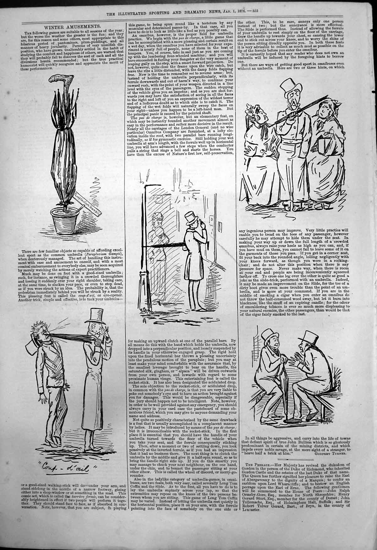 Old Antique Print Winter Amusements Parapluvium Gampii Coup D'Oeil 1876 19th