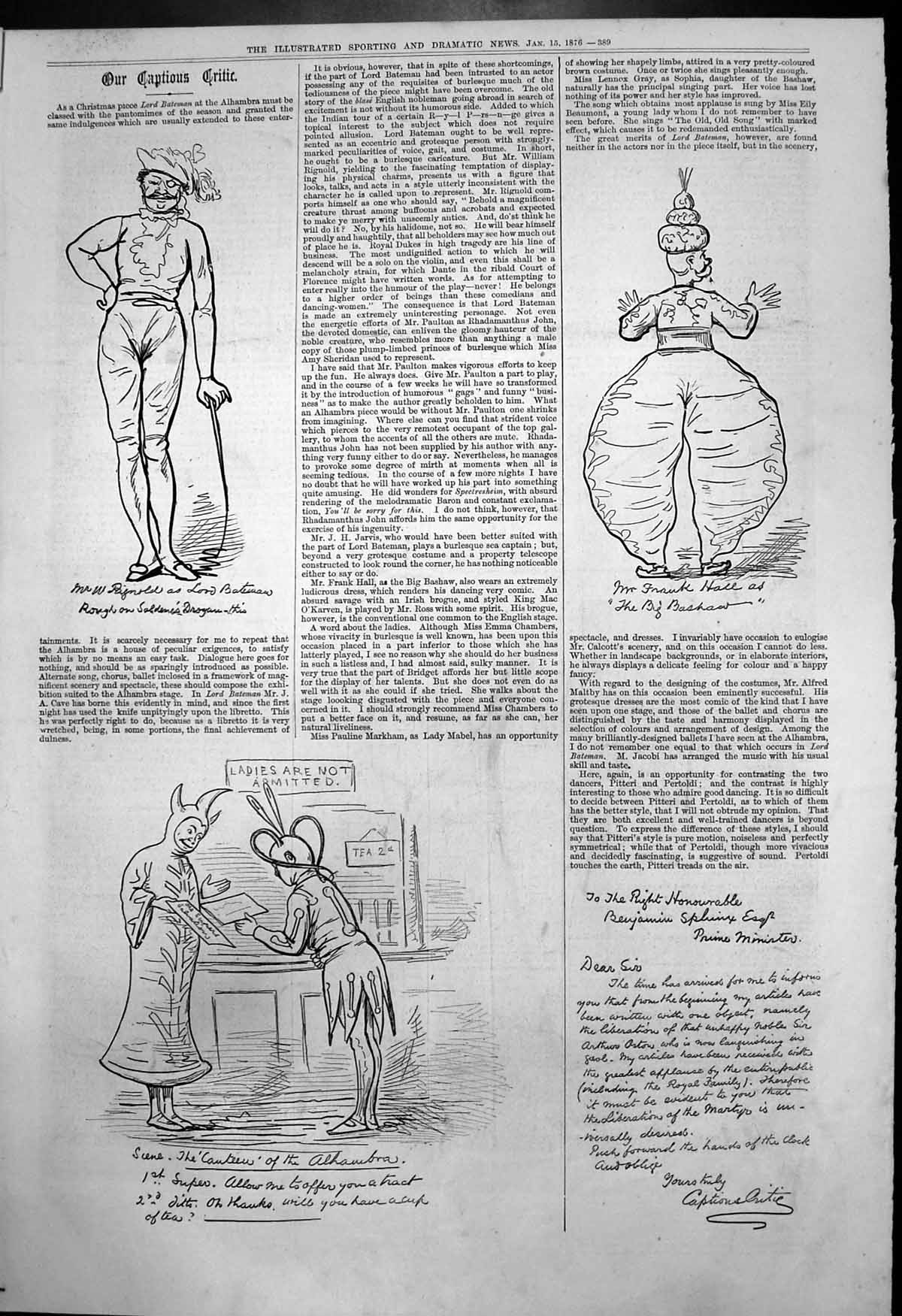 Old Print Captious Critic Lord Bateman Alhambra Canteen Big Bashaar 1876 19th