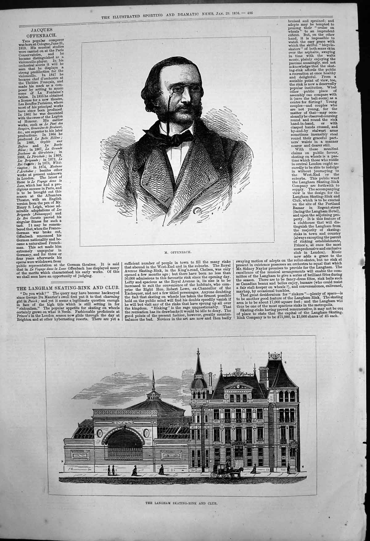 Original Old Antique Print Jacques Offenbach Langham Skating Rink Club 1876