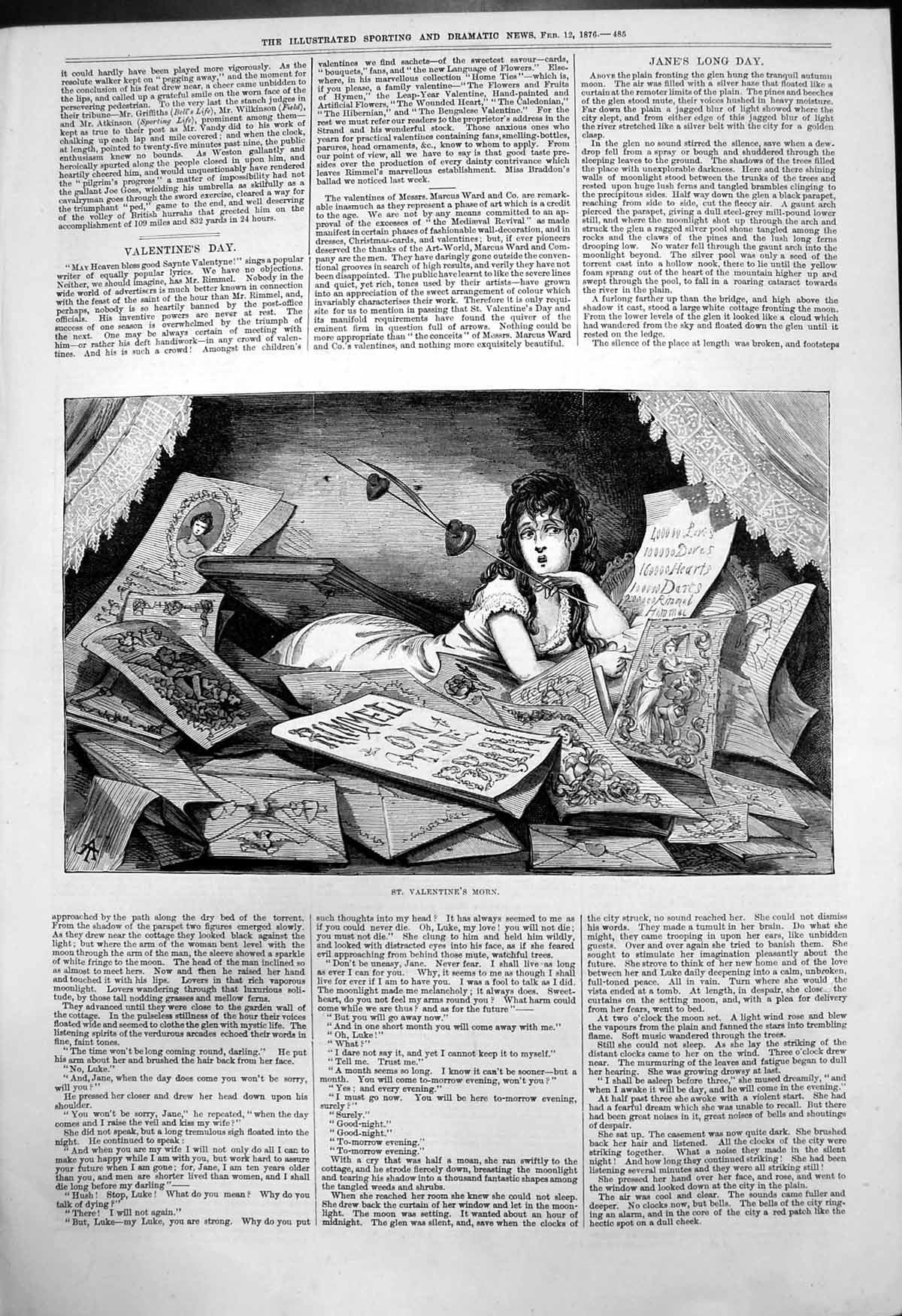 Old Antique Print St Valentines Morn Girl Surrounded Valentine Cards 1876 19th