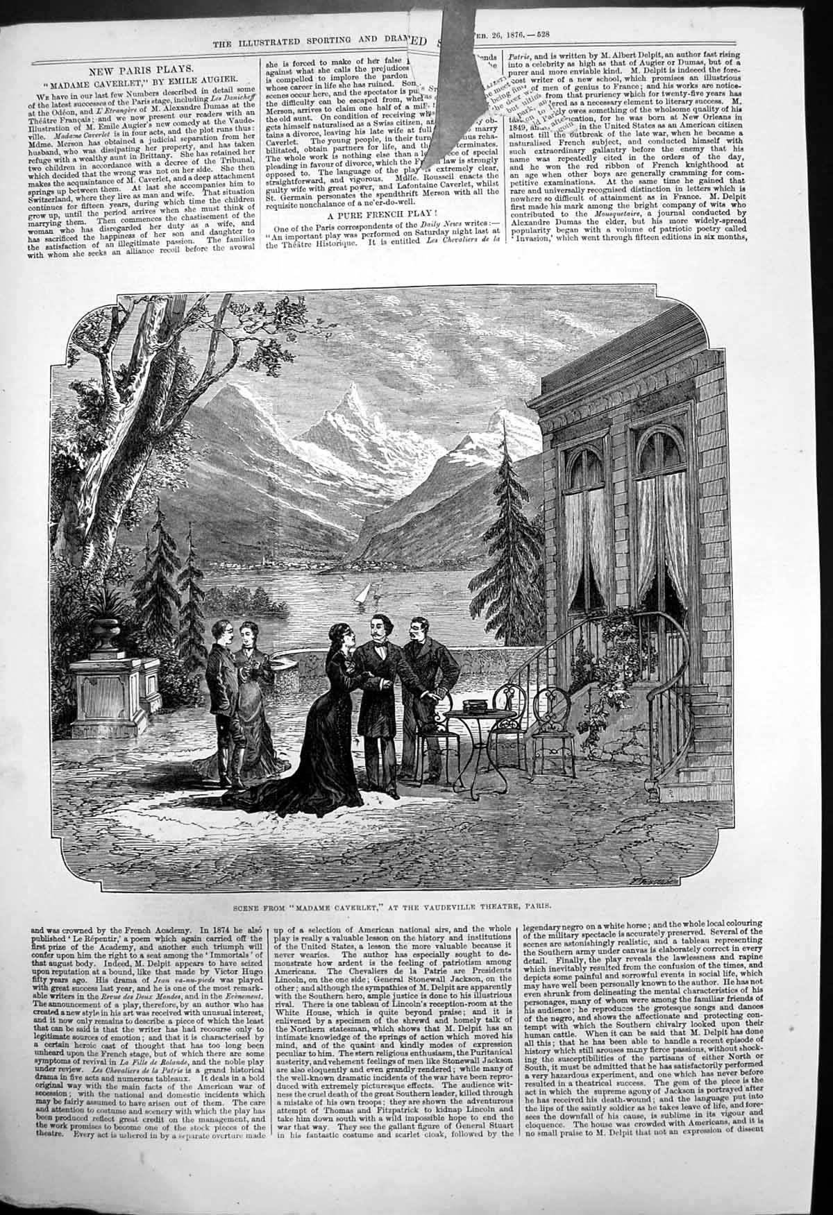 Original Old Antique Print Scene Madame Caverlet Vaudeville Theatre Paris 1876