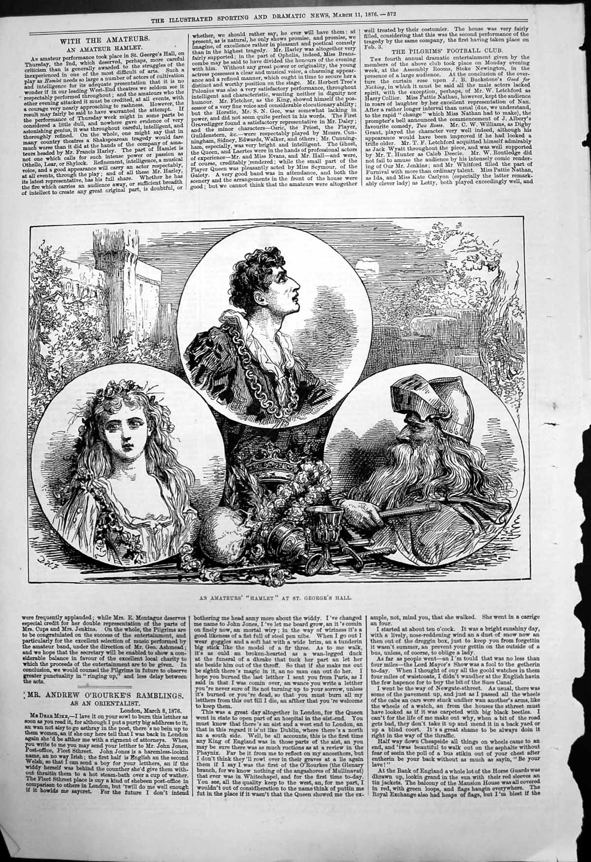 Original Old Antique Print Amateur Hamlet St Georges Hall 1876 19th
