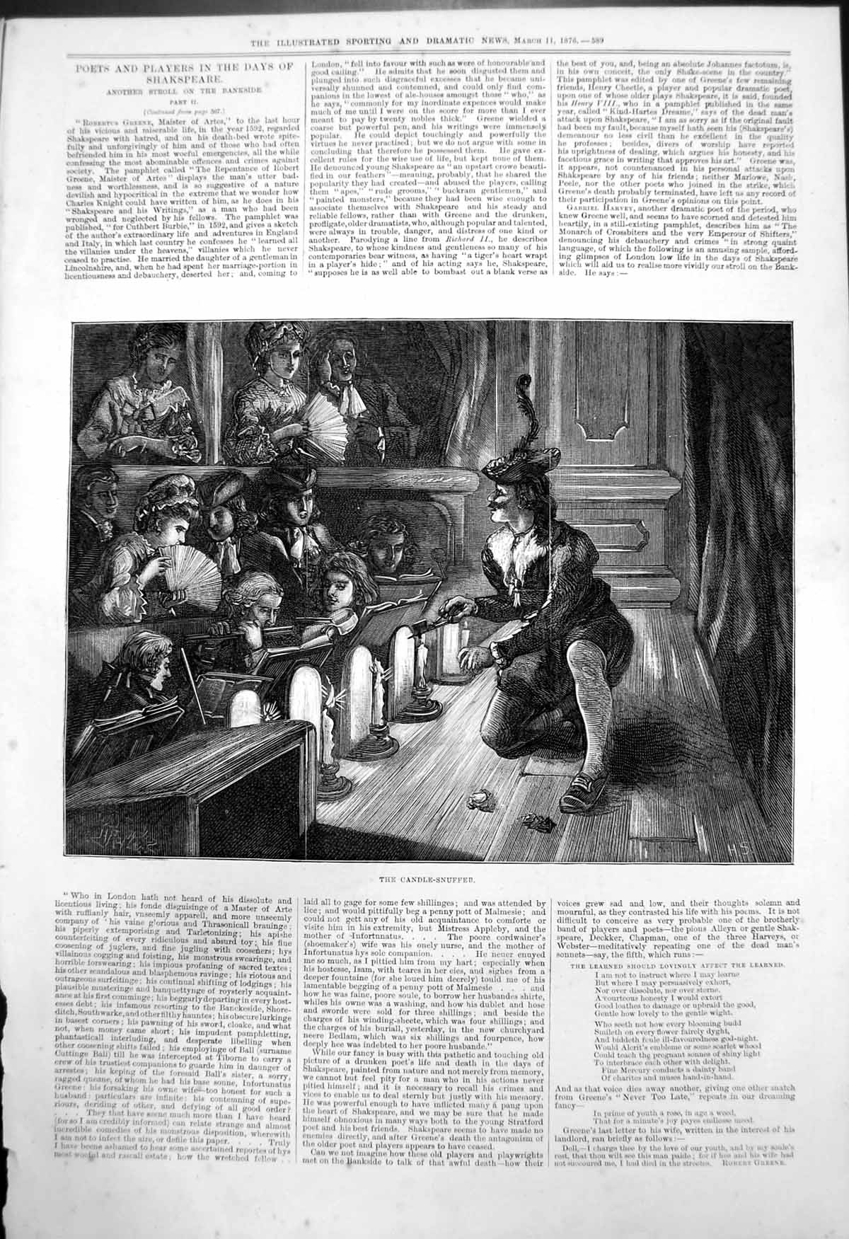 Original Old Antique Print Poets Players Days Shakspeare Candle Snuffer 1876