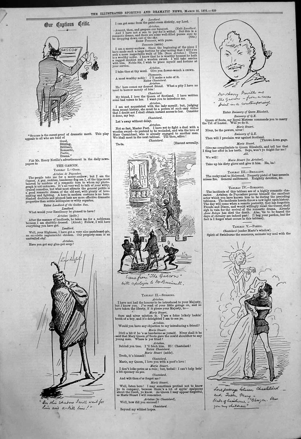 Antique Old Print Captious Critic Gascon Play Henry Neville Queen Mary 1876