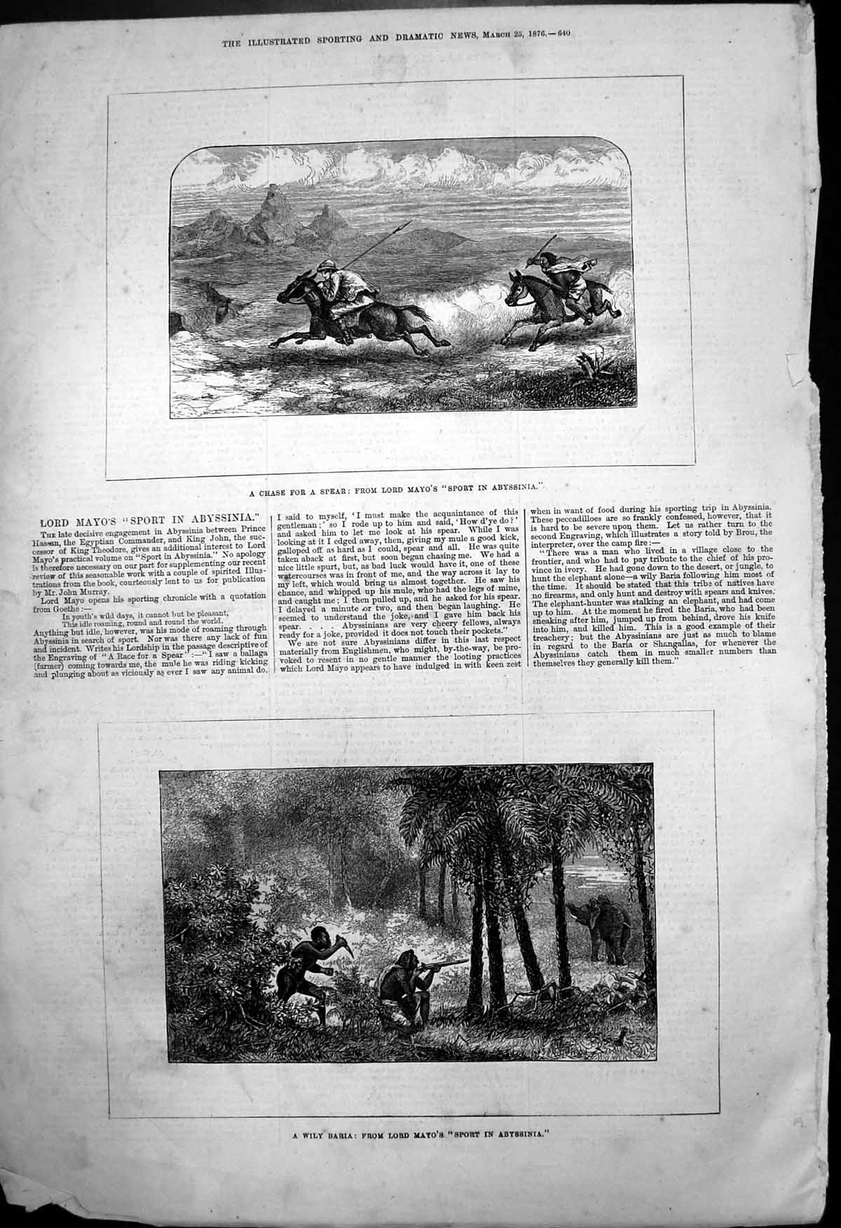 Antique Old Print Chase For Spear Wily Baria Lord Mayos Sport Abyssinia 1876