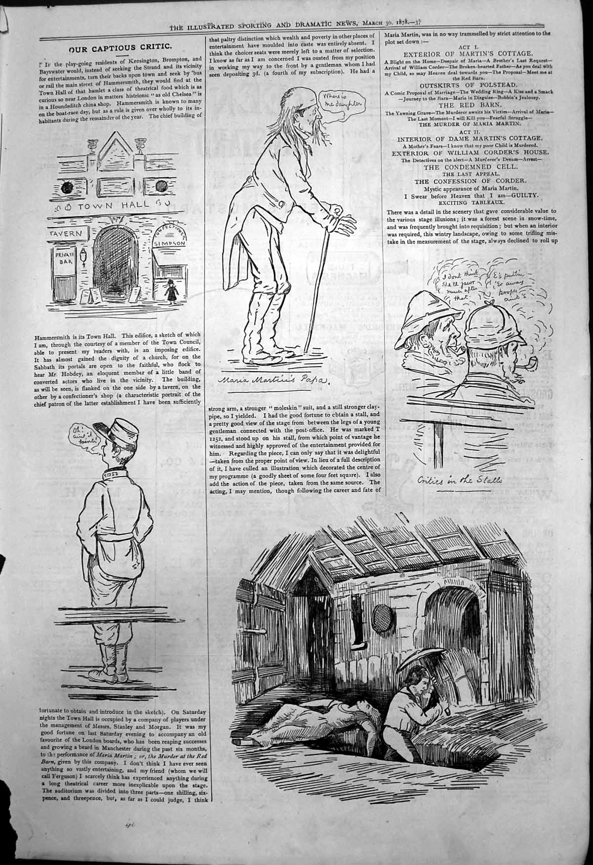 Old Antique Print Captious Critic Hammersmith Town Hall Maria Martin 1878 19th