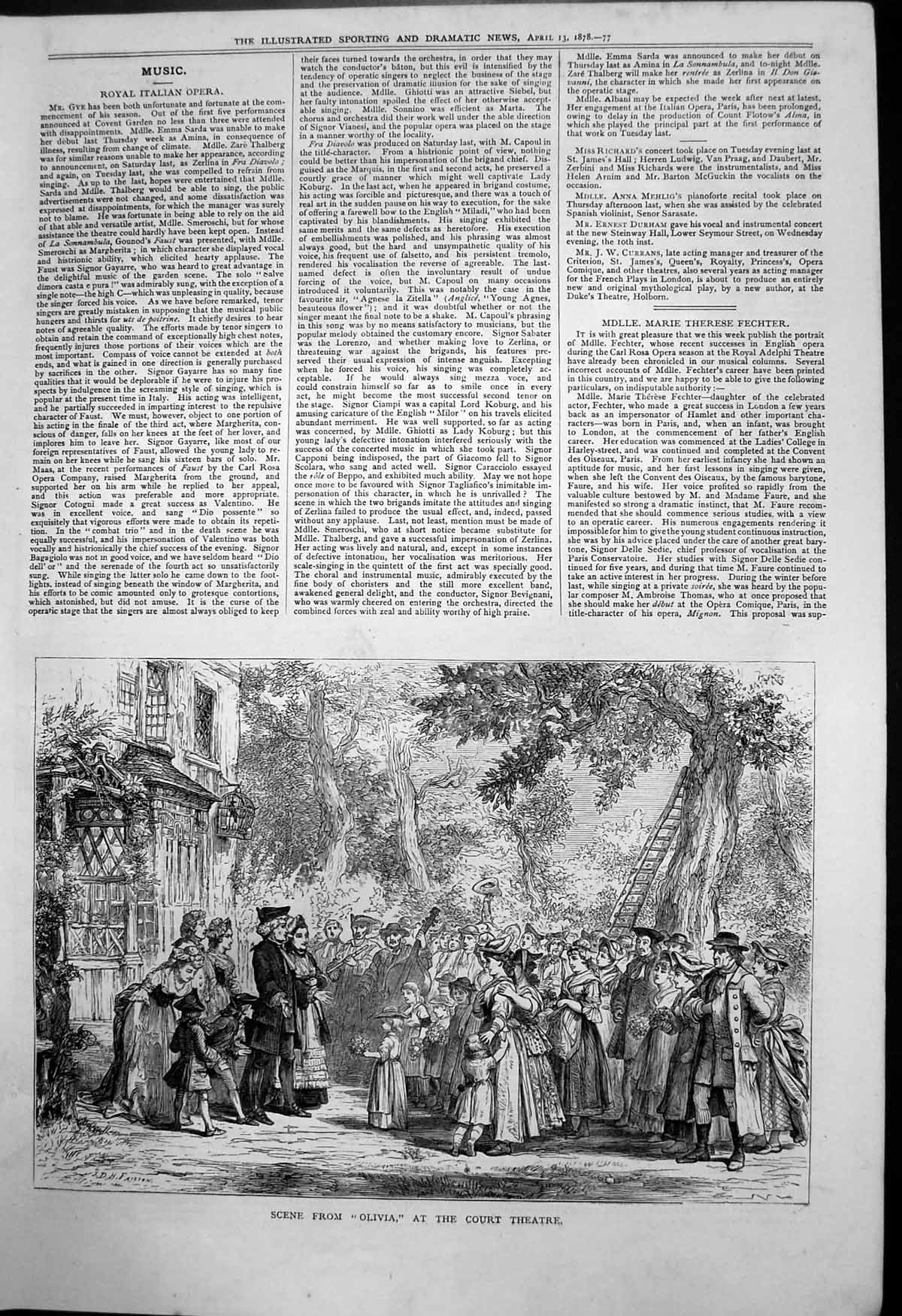 Antique Print Scene Olivia Court Theatre Women Children Flowers Couple 1878