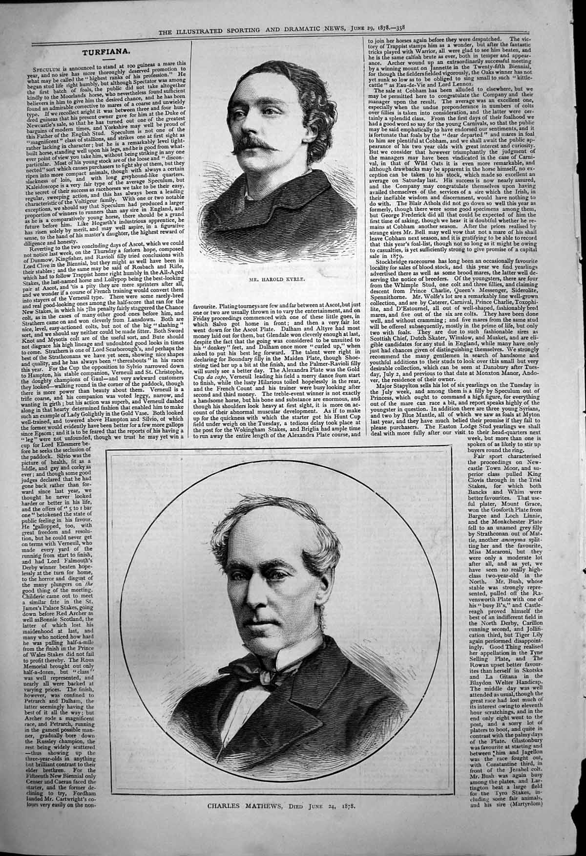 Original Old Antique Print Mr HarKyrle Charles Mathews Died June 24 1878 1878