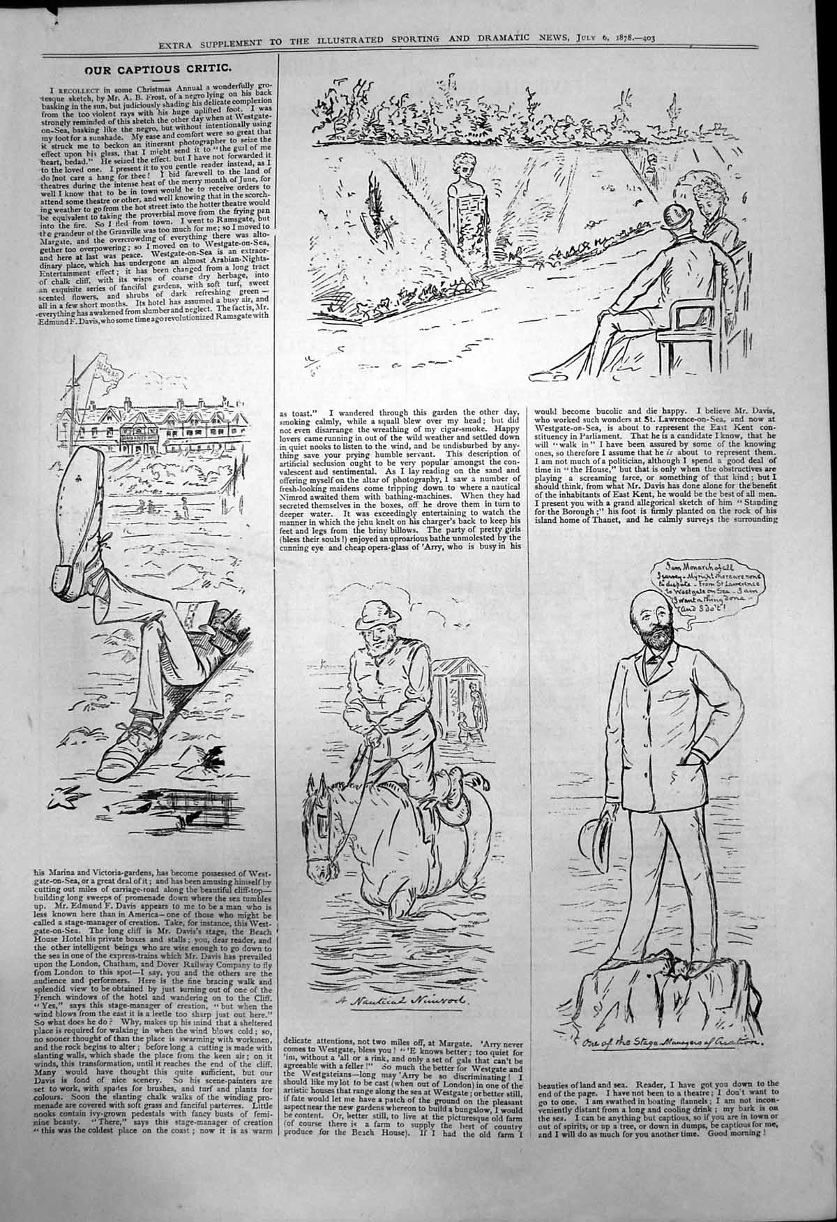 Antique Old Print Captious Critic Holiday Westgate On Sea Sun Bathing 1878 19th