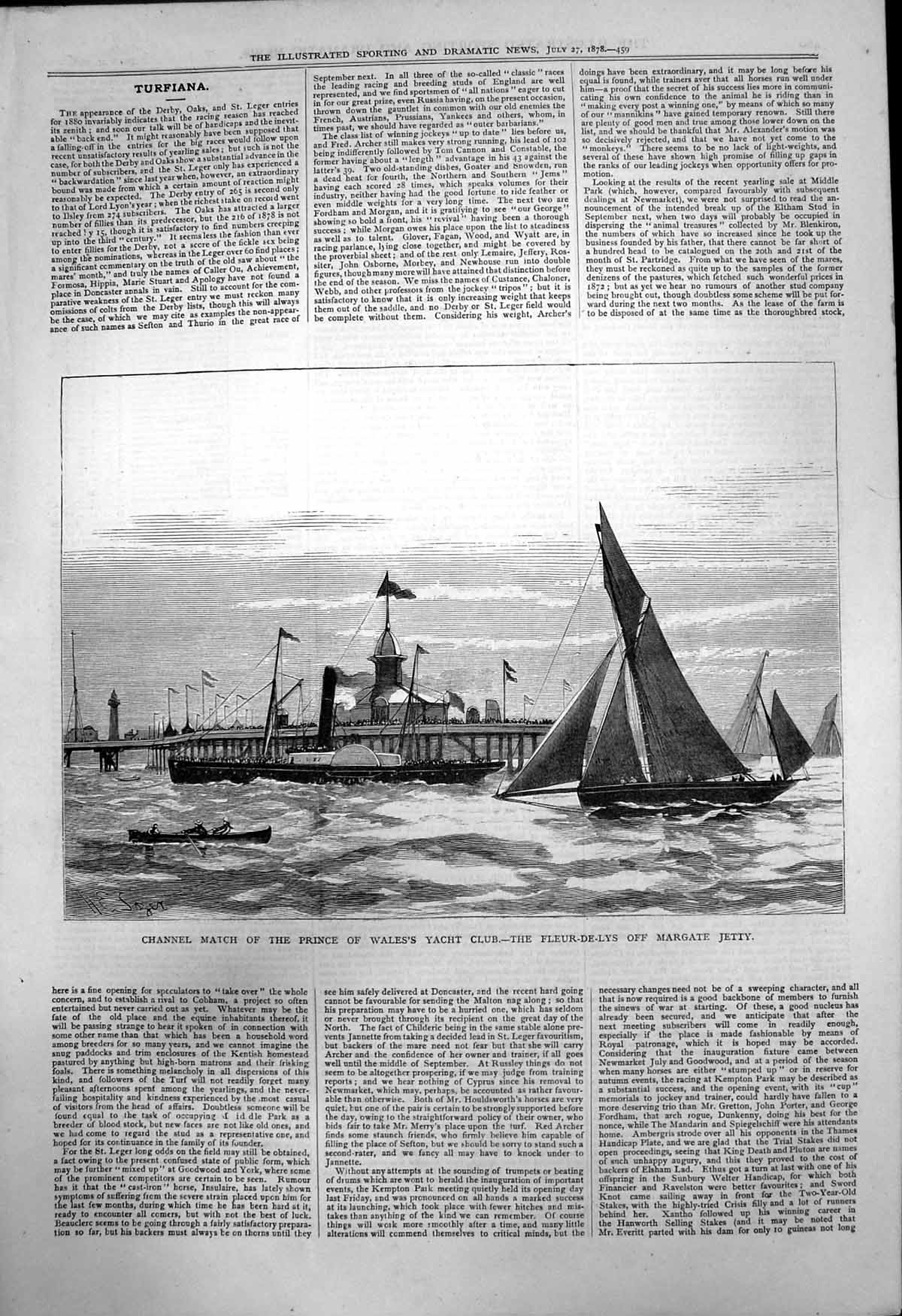 Old Print Channel Match Prince Wales Yacht Club Fleur De Lys Margate 1878 19th