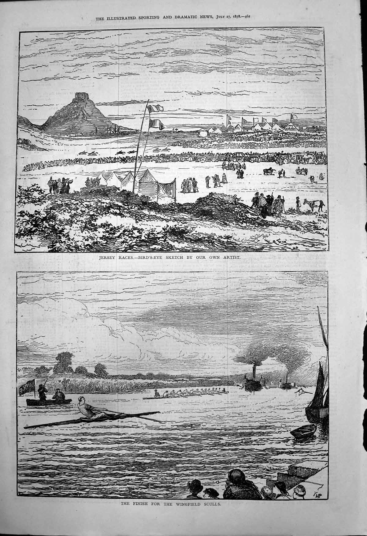 Antique Old Print Jersey Races Birds Eye Sketch Finish Wingfield Sculls 1878