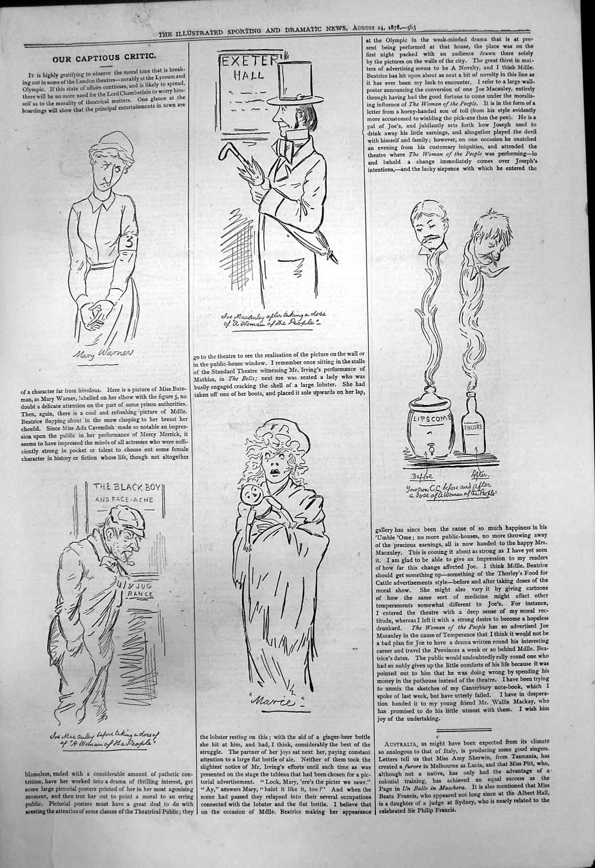 Antique Print Captious Critic Lyceum Olympic Mary Warner Joe Macauley 1878 19th