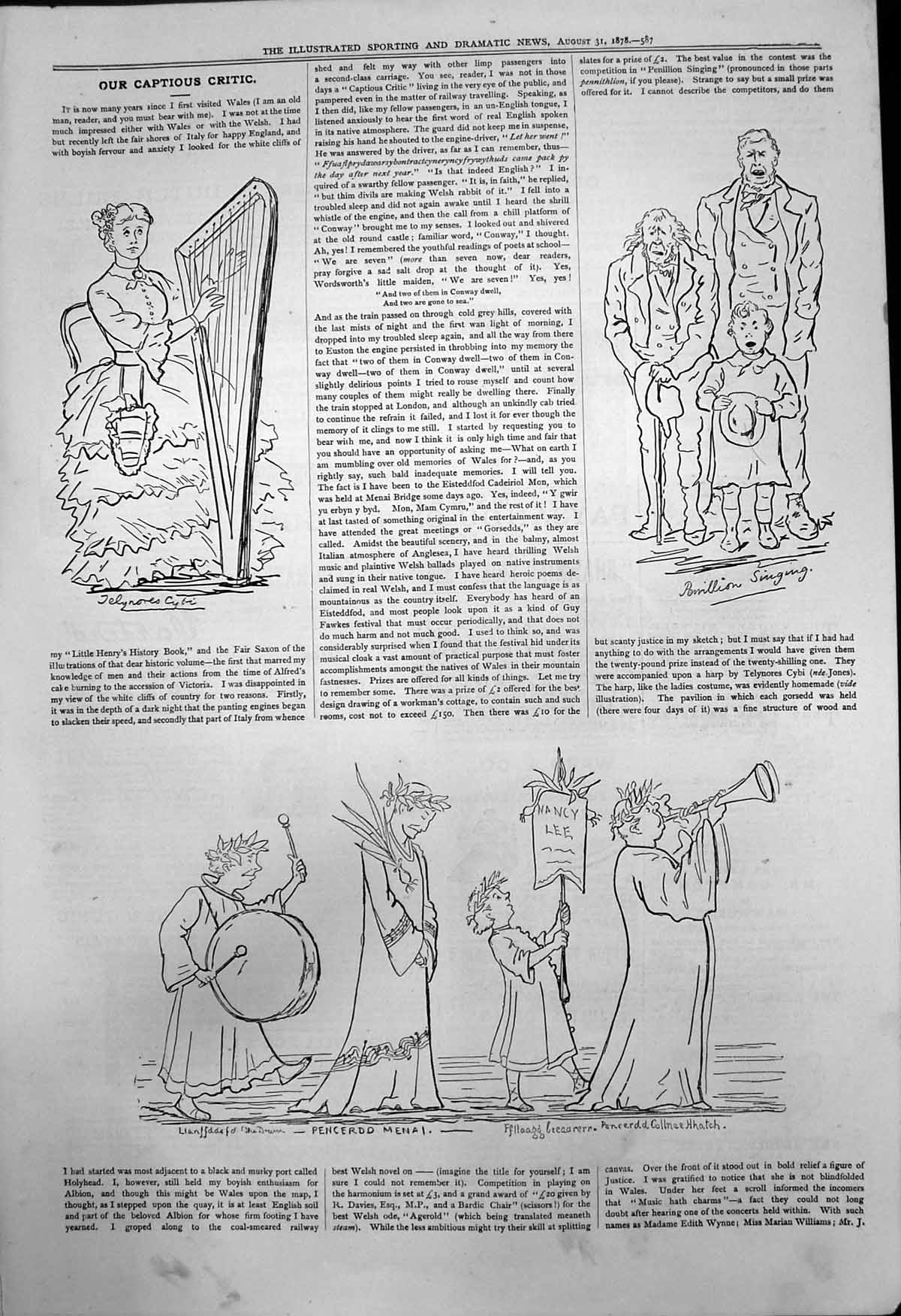 Old Captious Critic Eisteddfod Cadeiriol Mon Harp Telynores Cybi 1878 Victorian