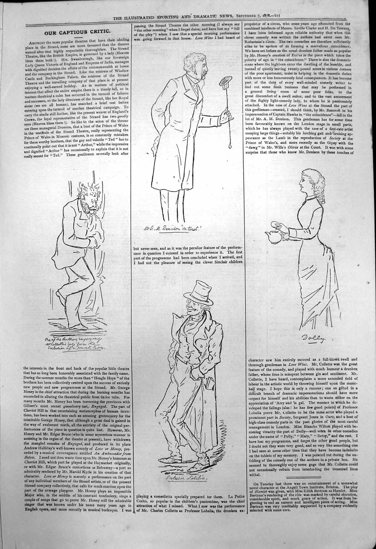 Old Print Captious Critic Love Or Money Mr Denison Professor Lobelia 1878 19th