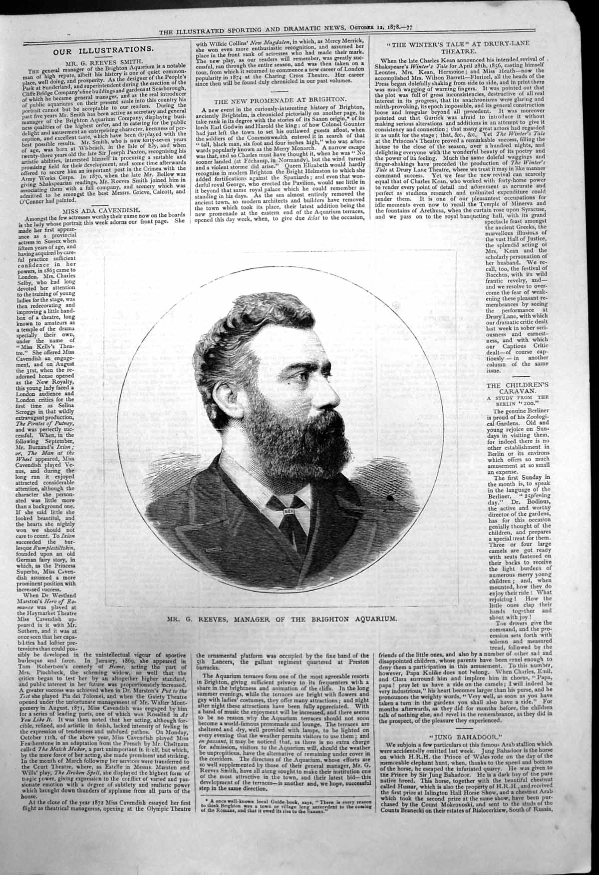 Original Old Antique Print Mr G Reeves Smith Manager Brighton Aquarium 1878